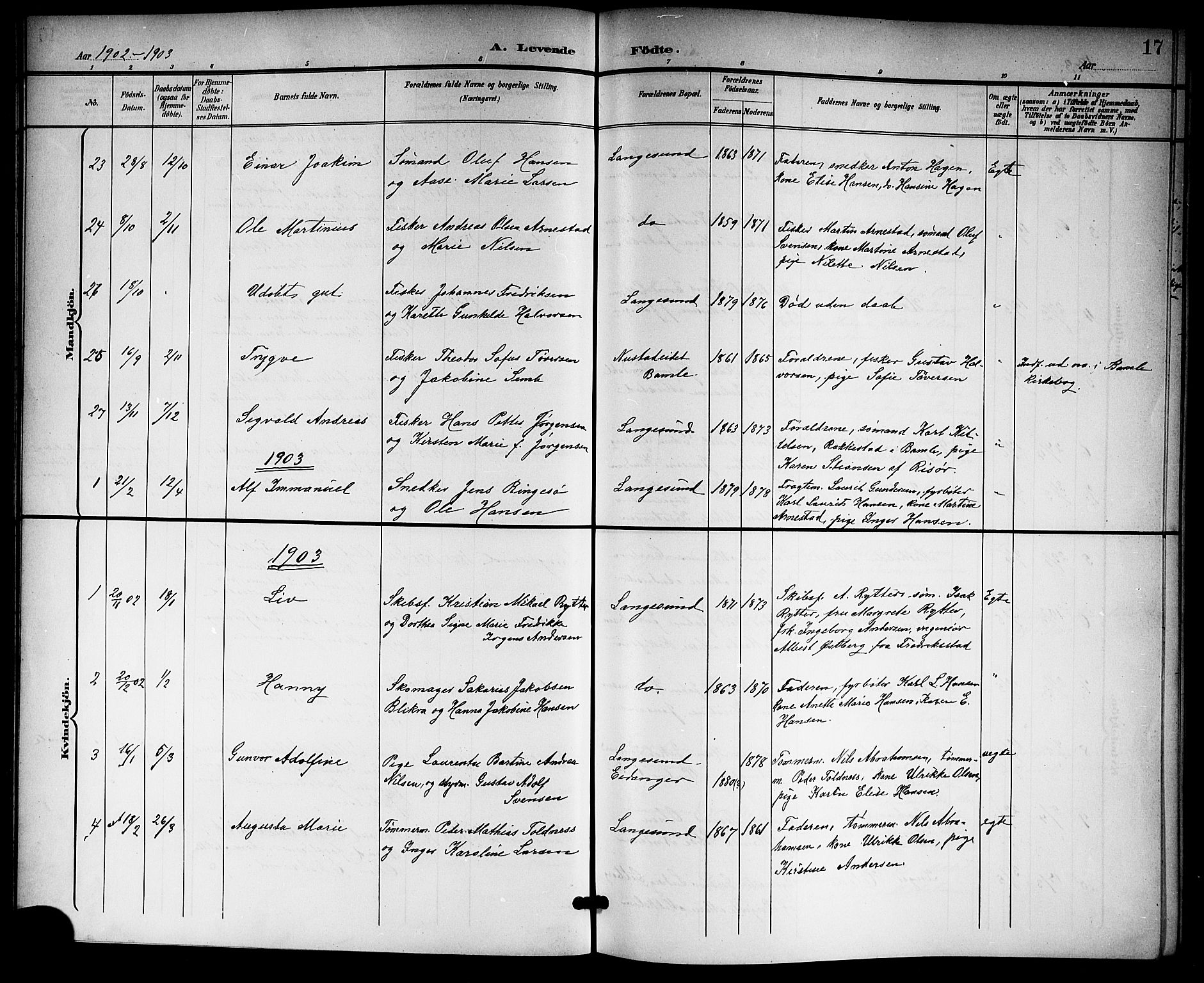 Langesund kirkebøker, SAKO/A-280/G/Ga/L0006: Parish register (copy) no. 6, 1899-1918, p. 17