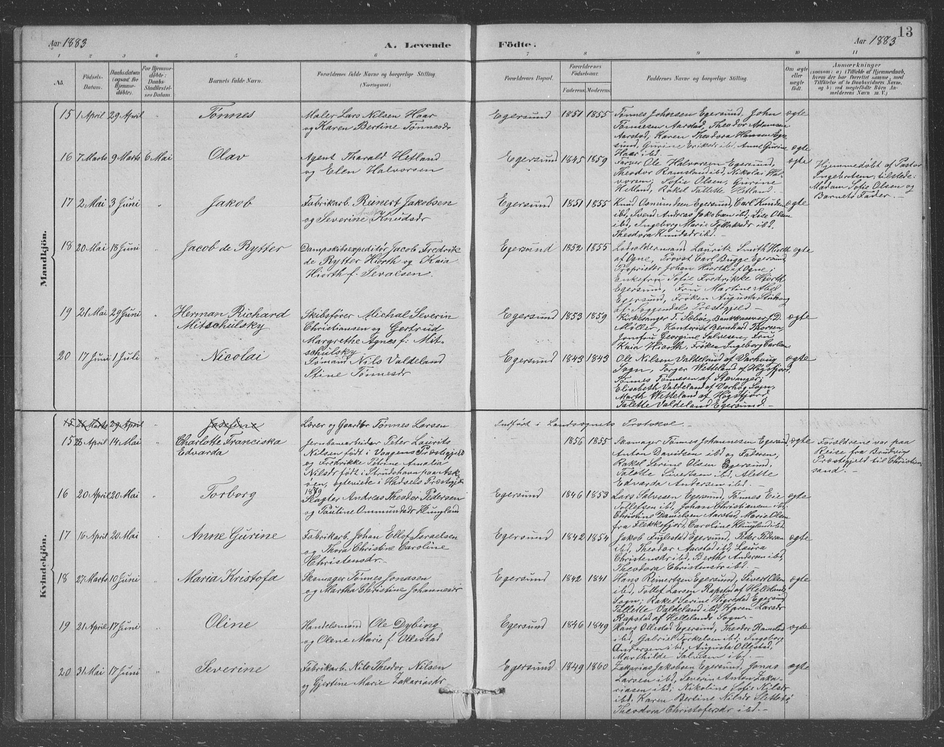 Eigersund sokneprestkontor, AV/SAST-A-101807/S09/L0008: Parish register (copy) no. B 8, 1882-1892, p. 13