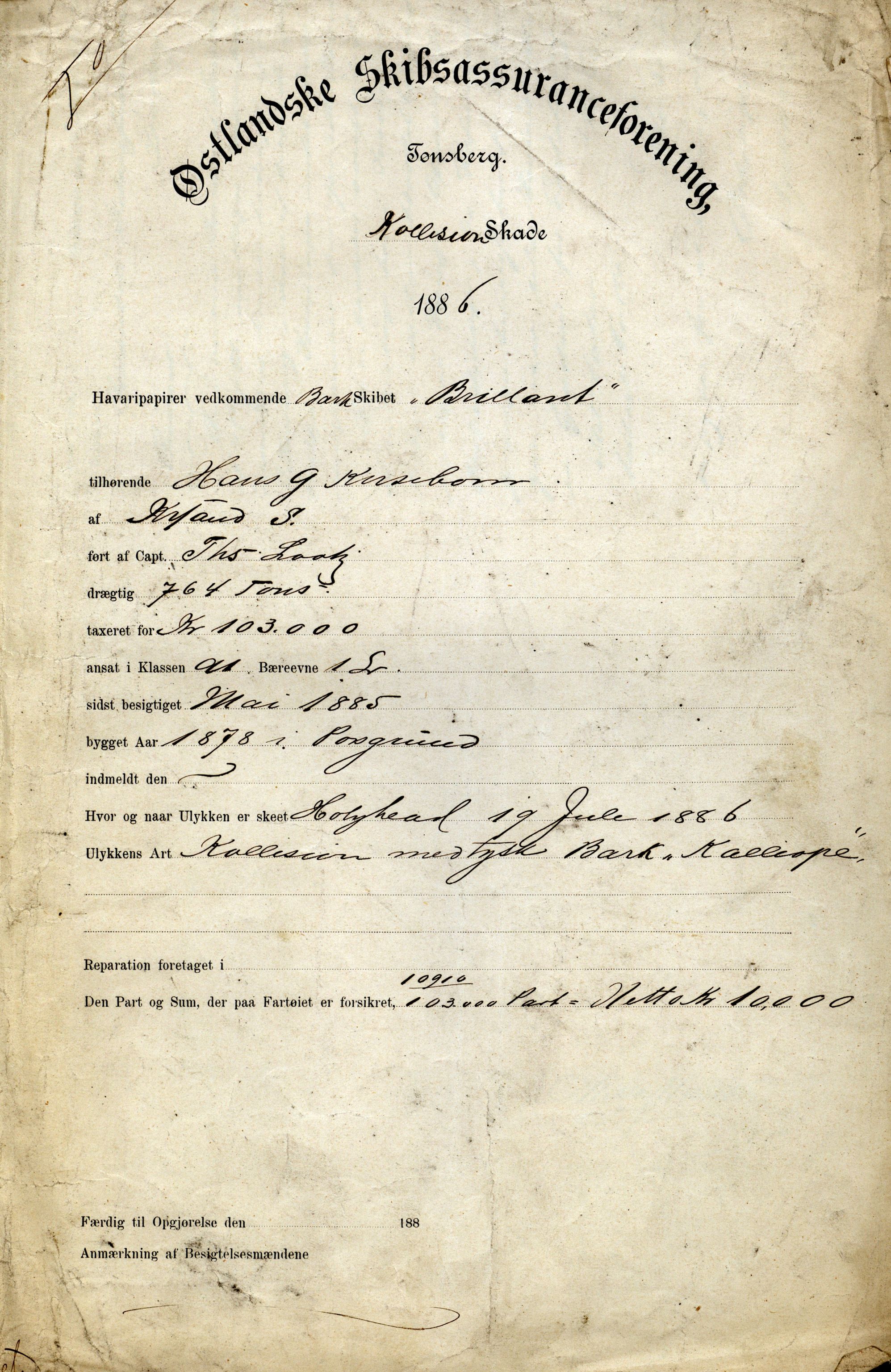 Pa 63 - Østlandske skibsassuranceforening, VEMU/A-1079/G/Ga/L0019/0010: Havaridokumenter / Victoria, Vigor, Cathrine, Brillant, Alvega, Rotvid, 1886, p. 27