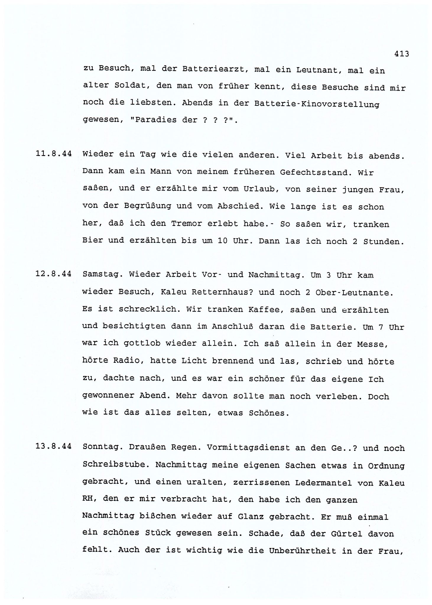 Dagbokopptegnelser av en tysk marineoffiser stasjonert i Norge , FMFB/A-1160/F/L0001: Dagbokopptegnelser av en tysk marineoffiser stasjonert i Norge, 1941-1944, p. 413