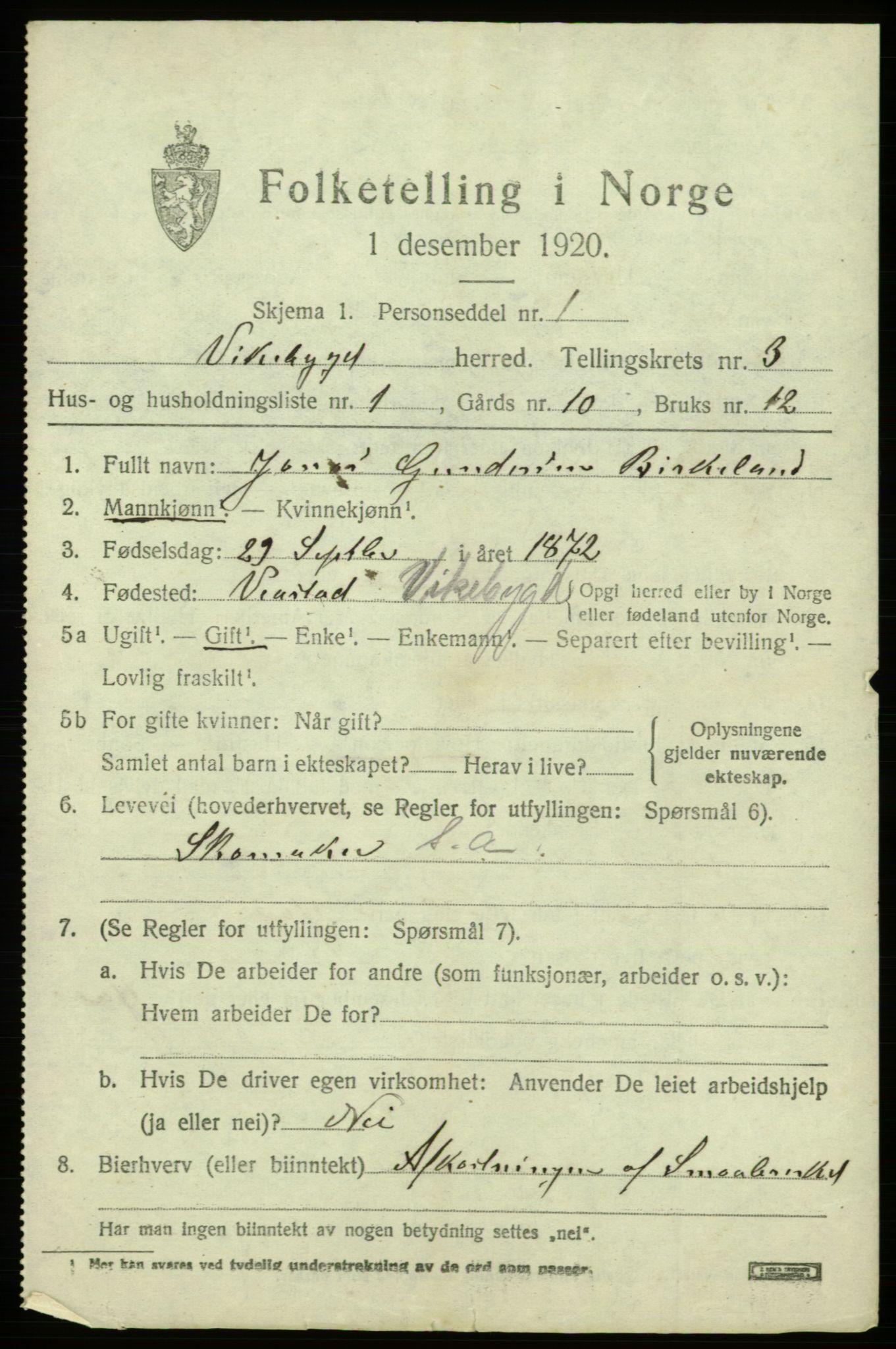 SAB, 1920 census for Vikebygd, 1920, p. 1167