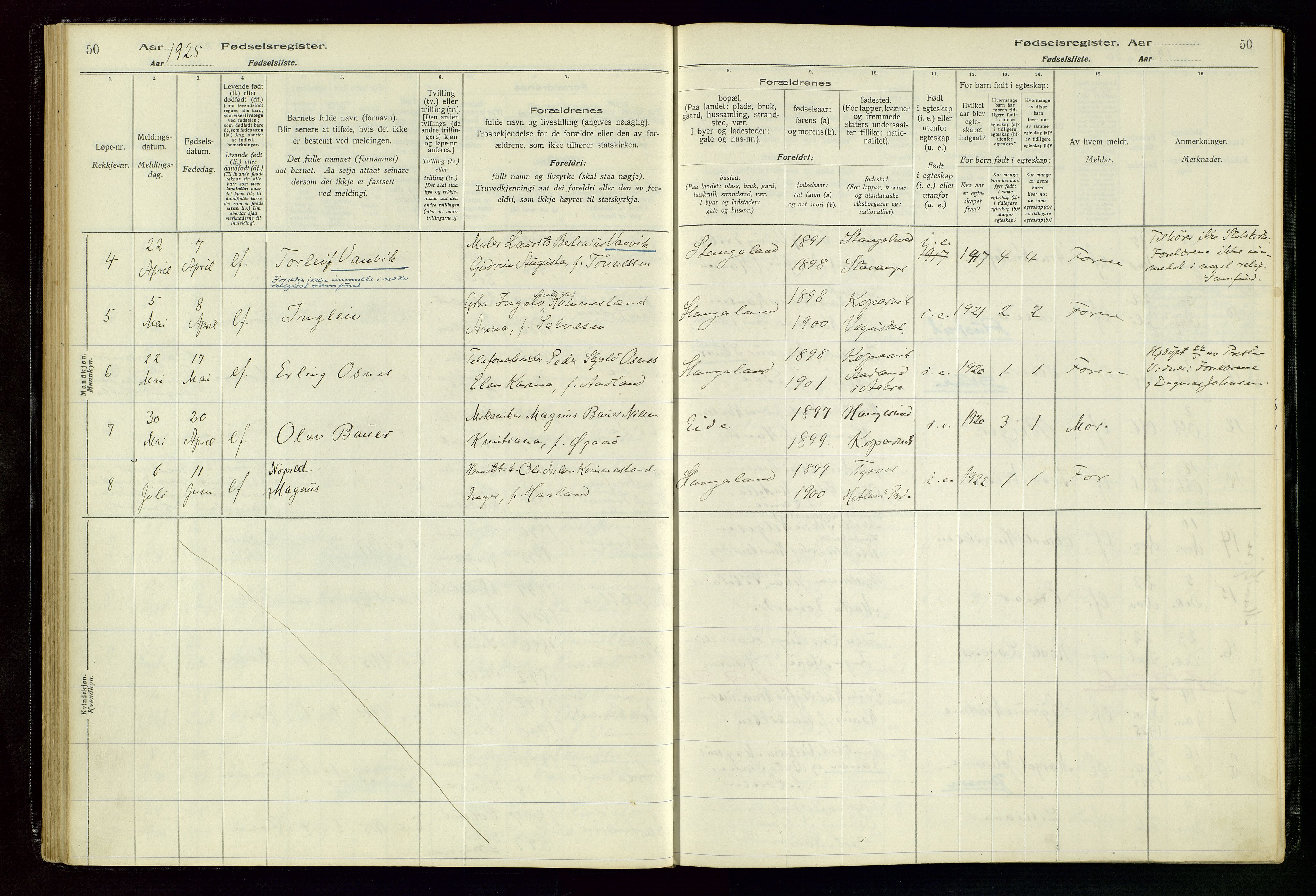 Kopervik sokneprestkontor, SAST/A-101850/I/Id/L0004: Birth register no. 4, 1916-1958, p. 50