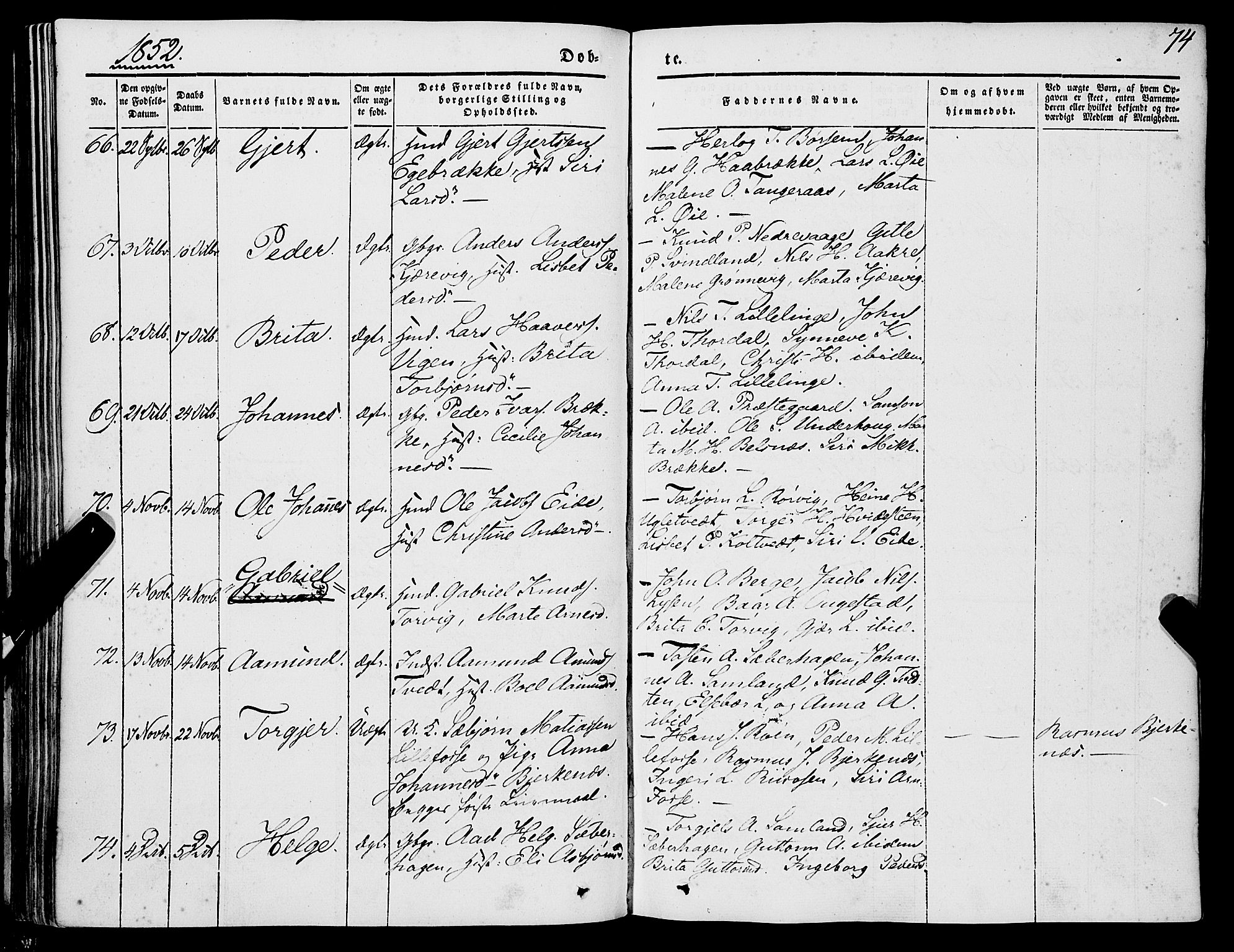 Strandebarm sokneprestembete, AV/SAB-A-78401/H/Haa: Parish register (official) no. A 7, 1844-1872, p. 74