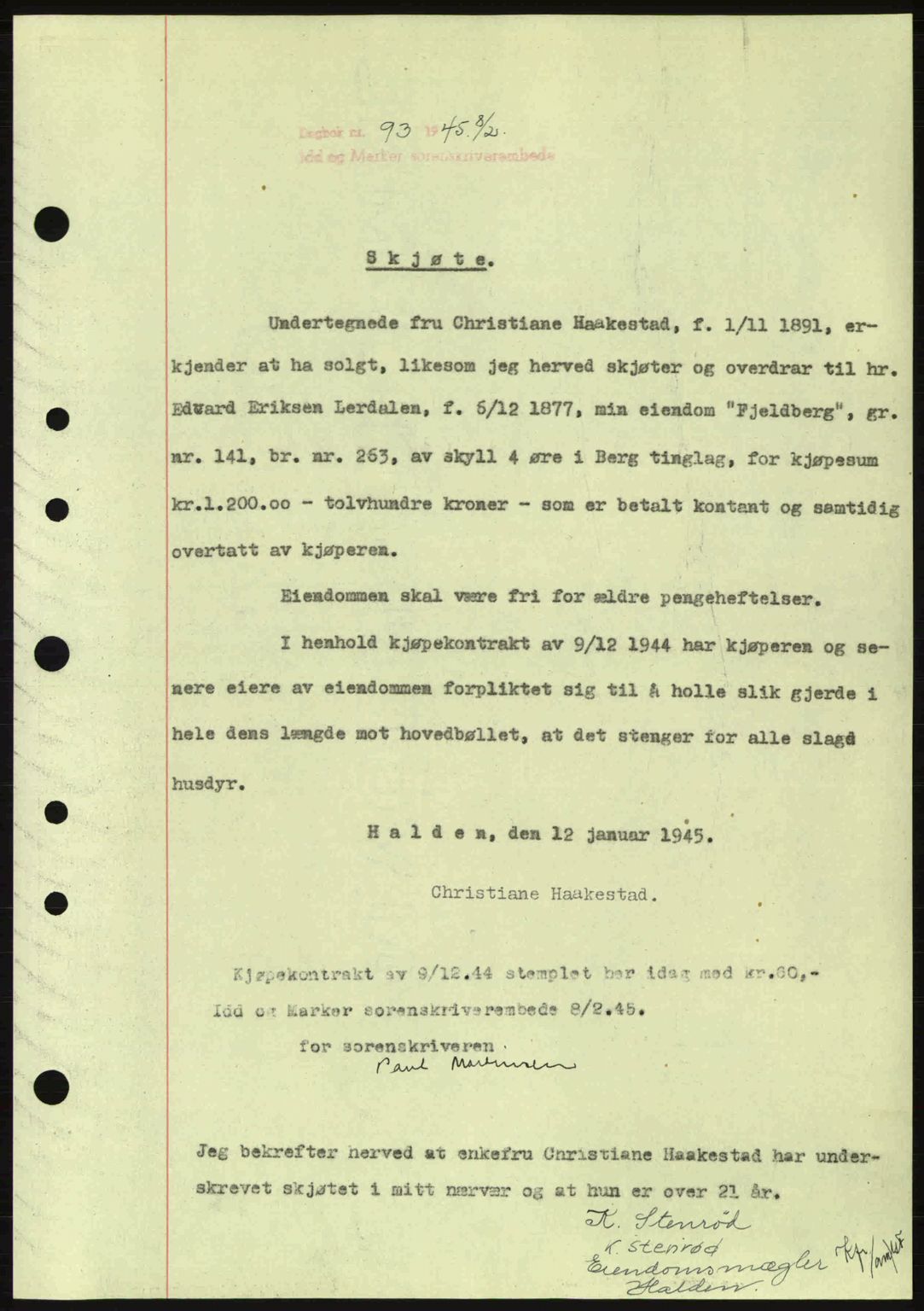 Idd og Marker sorenskriveri, AV/SAO-A-10283/G/Gb/Gbb/L0007: Mortgage book no. A7, 1944-1945, Diary no: : 93/1945