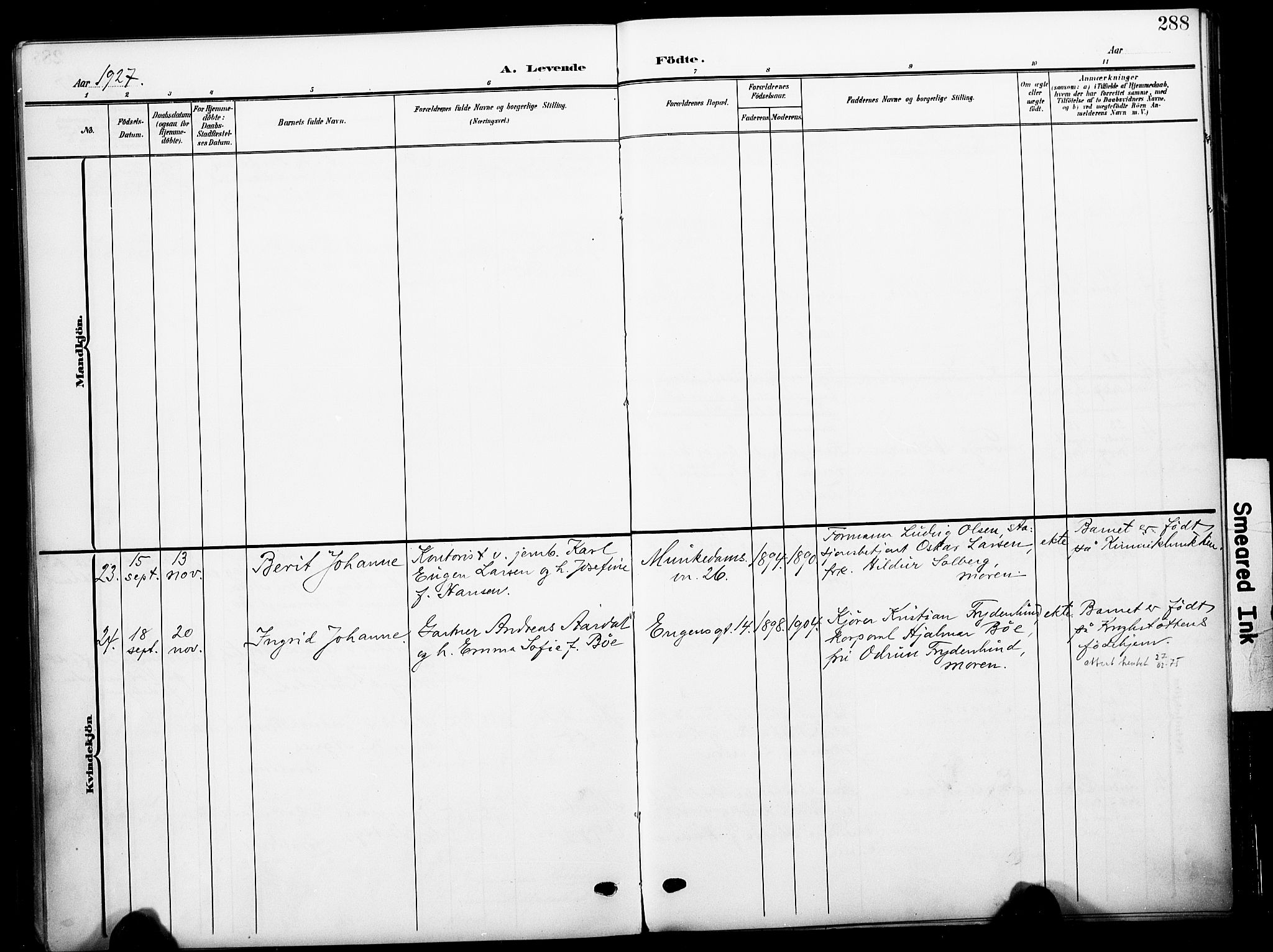 Johannes prestekontor Kirkebøker, AV/SAO-A-10852/F/Fa/L0009: Parish register (official) no. 9, 1905-1929, p. 288