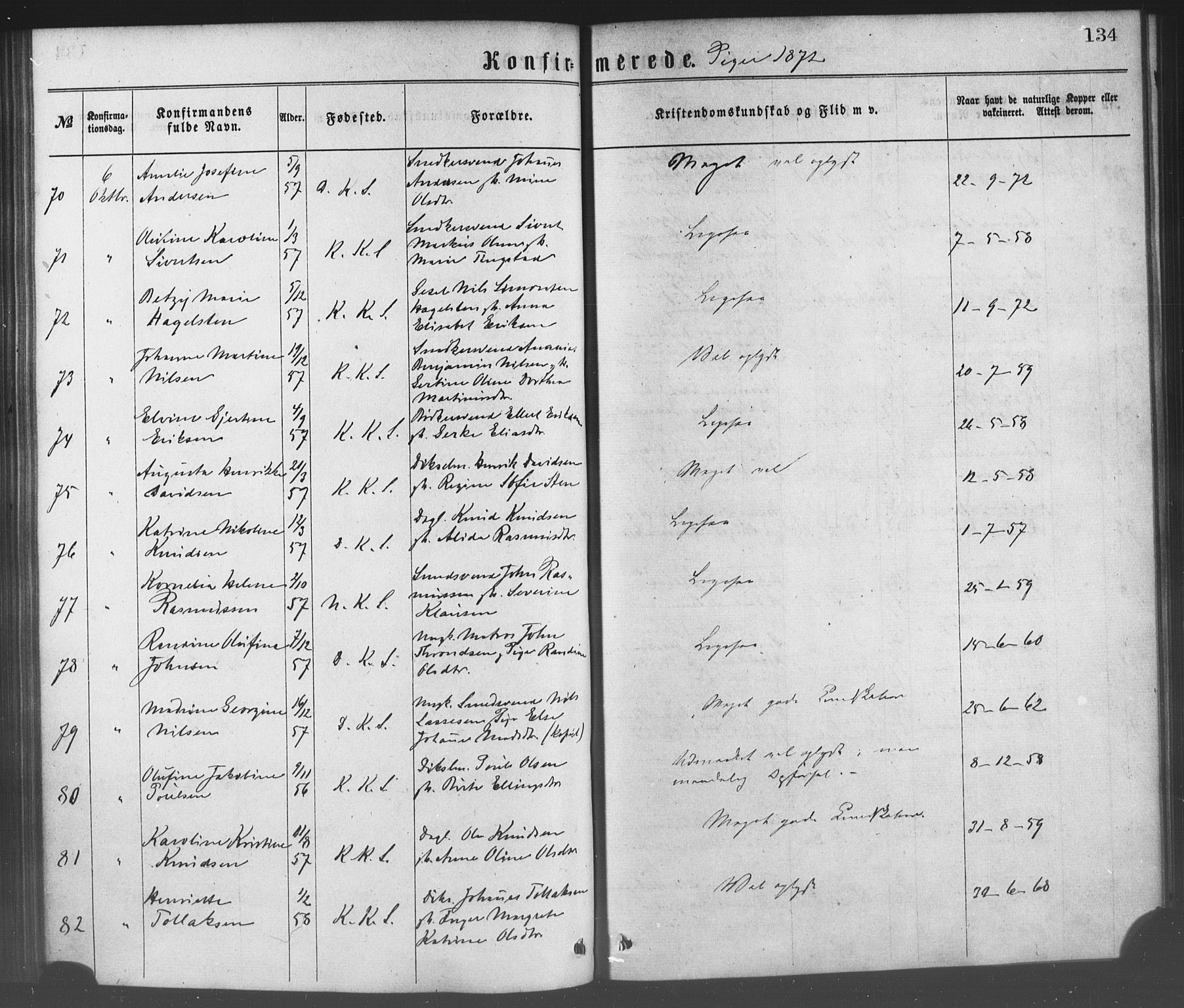 Korskirken sokneprestembete, AV/SAB-A-76101/H/Haa/L0028: Parish register (official) no. C 4, 1868-1879, p. 134