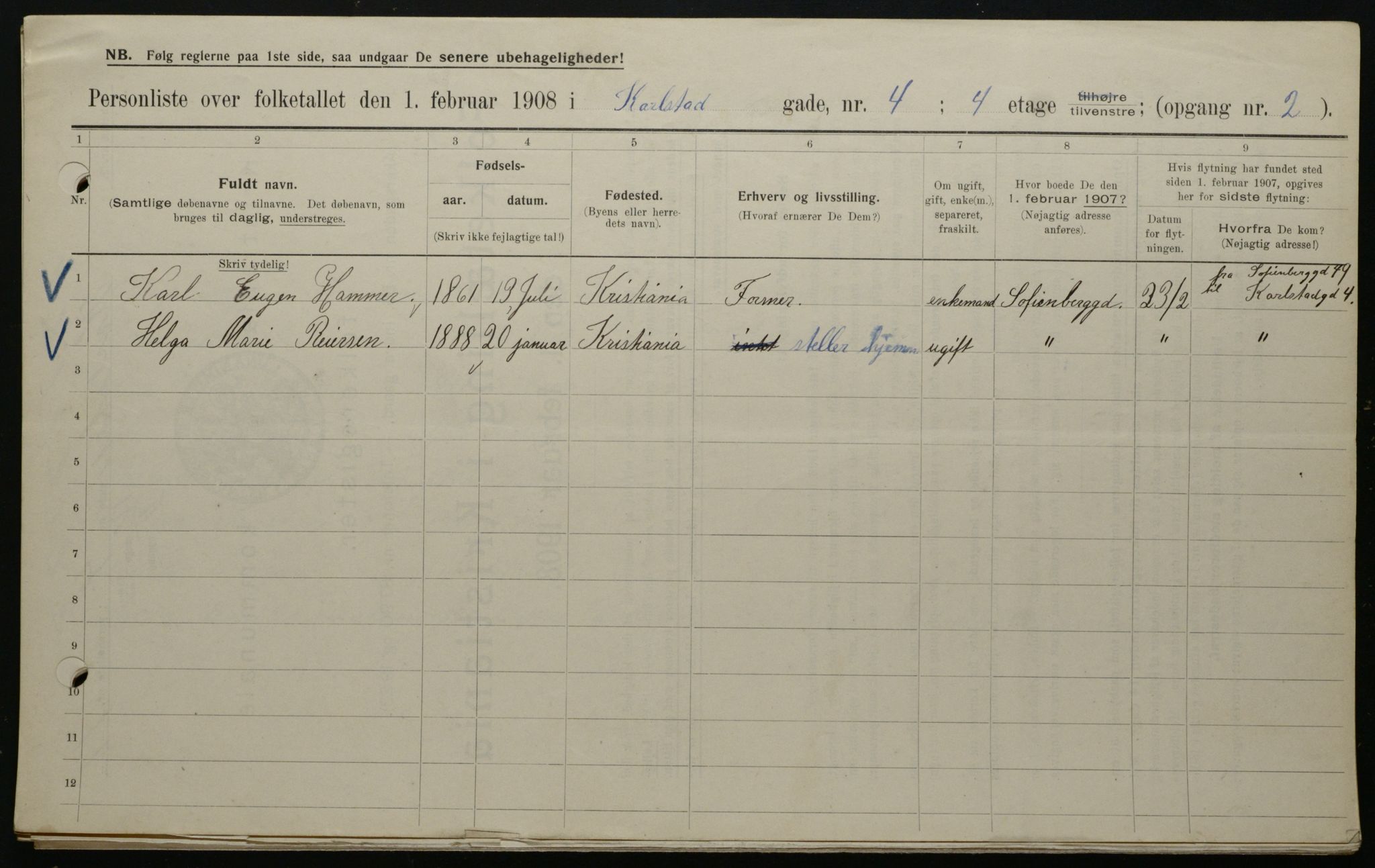 OBA, Municipal Census 1908 for Kristiania, 1908, p. 43906