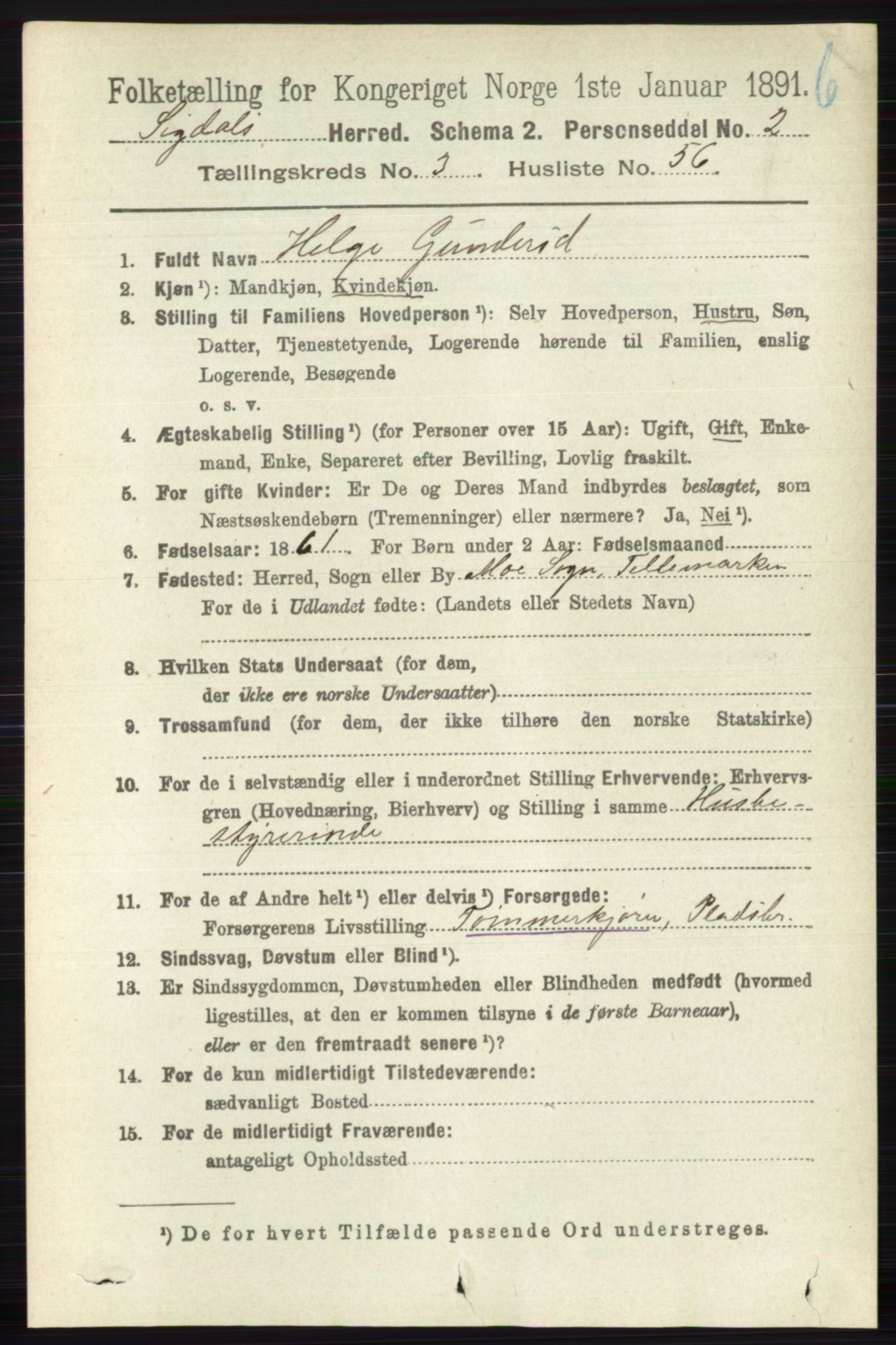 RA, 1891 census for 0621 Sigdal, 1891, p. 4614