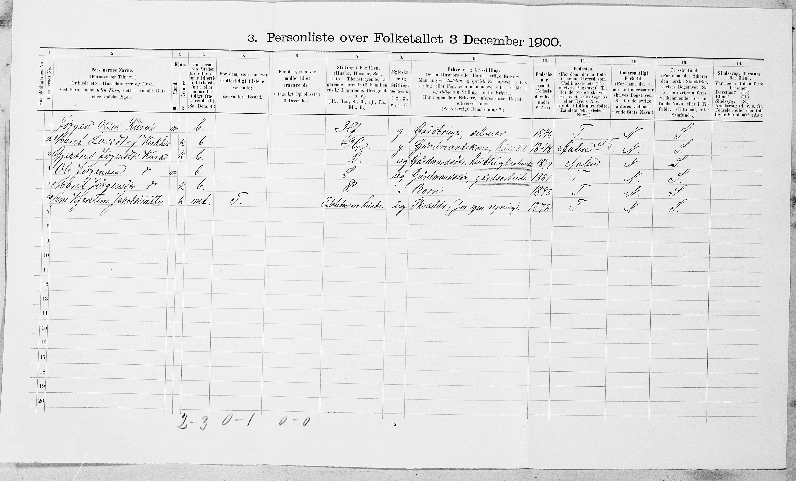 SAT, 1900 census for Røros, 1900, p. 1323