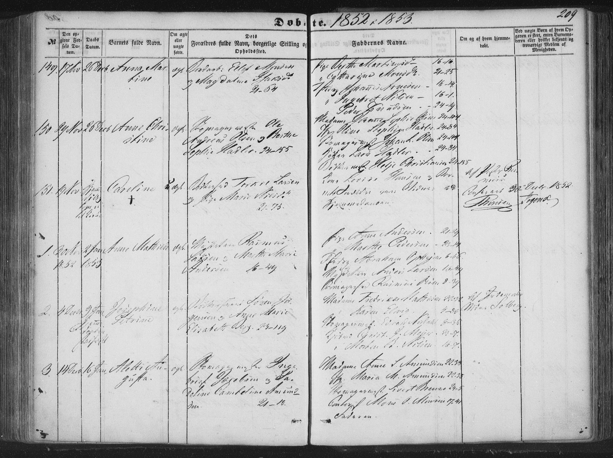 Korskirken sokneprestembete, SAB/A-76101/H/Haa/L0017: Parish register (official) no. B 3, 1851-1857, p. 209
