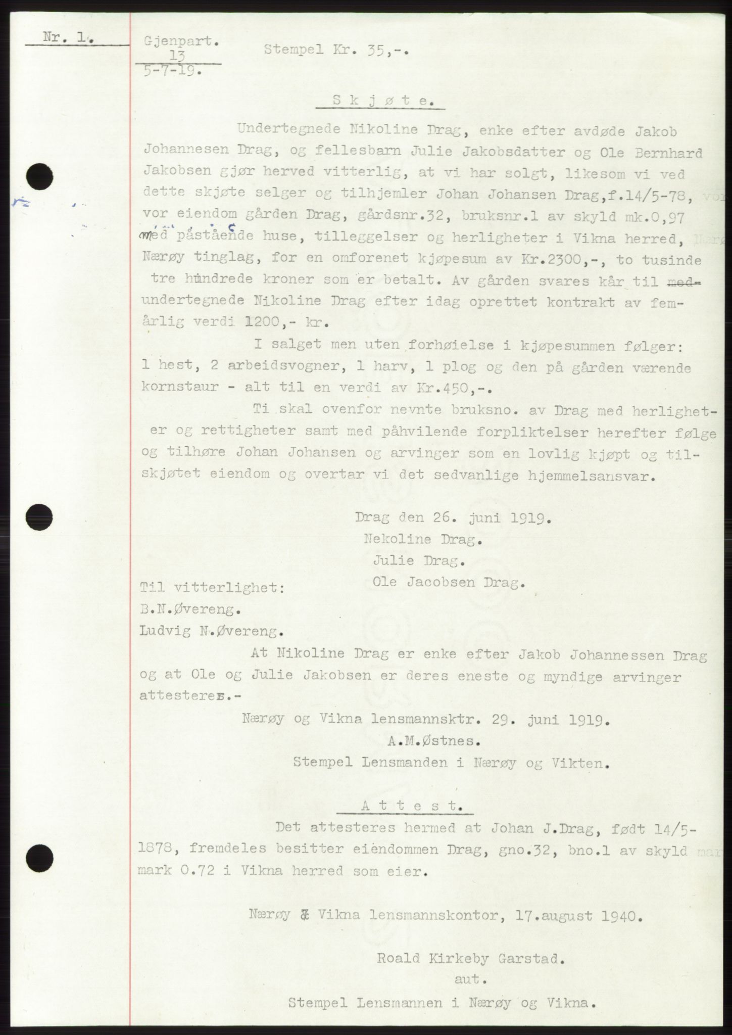 Namdal sorenskriveri, SAT/A-4133/1/2/2C: Mortgage book no. -, 1916-1921, Deed date: 05.07.1919