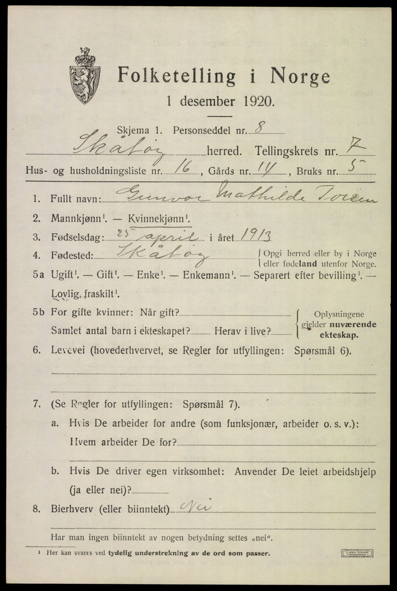 SAKO, 1920 census for Skåtøy, 1920, p. 5478