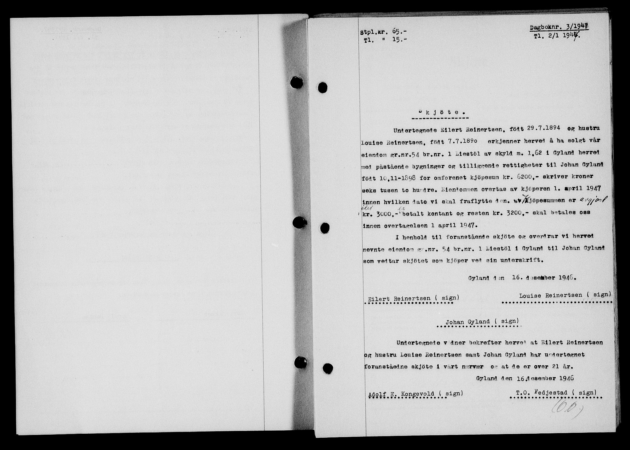 Flekkefjord sorenskriveri, SAK/1221-0001/G/Gb/Gba/L0061: Mortgage book no. A-9, 1946-1947, Diary no: : 3/1947