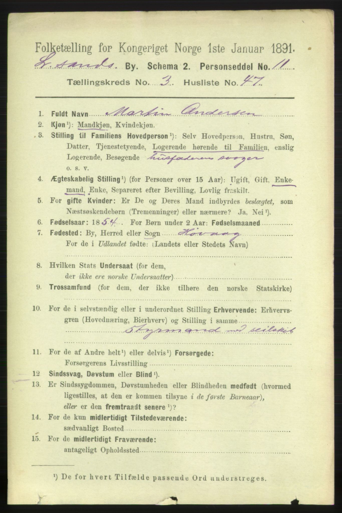 RA, 1891 census for 0905 Lillesand, 1891, p. 1062