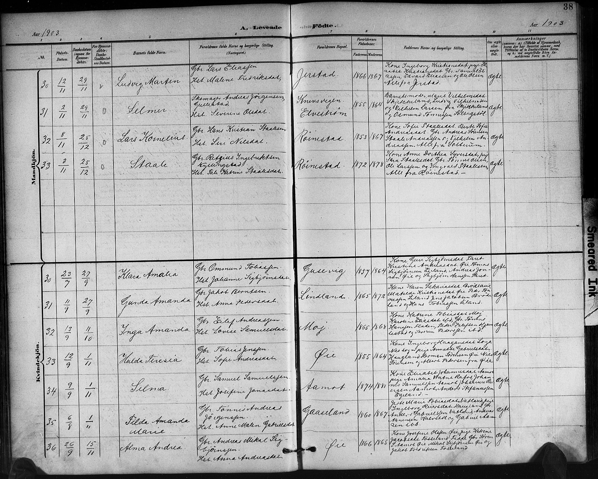 Kvinesdal sokneprestkontor, AV/SAK-1111-0026/F/Fb/Fbb/L0003: Parish register (copy) no. B 3, 1898-1916, p. 38