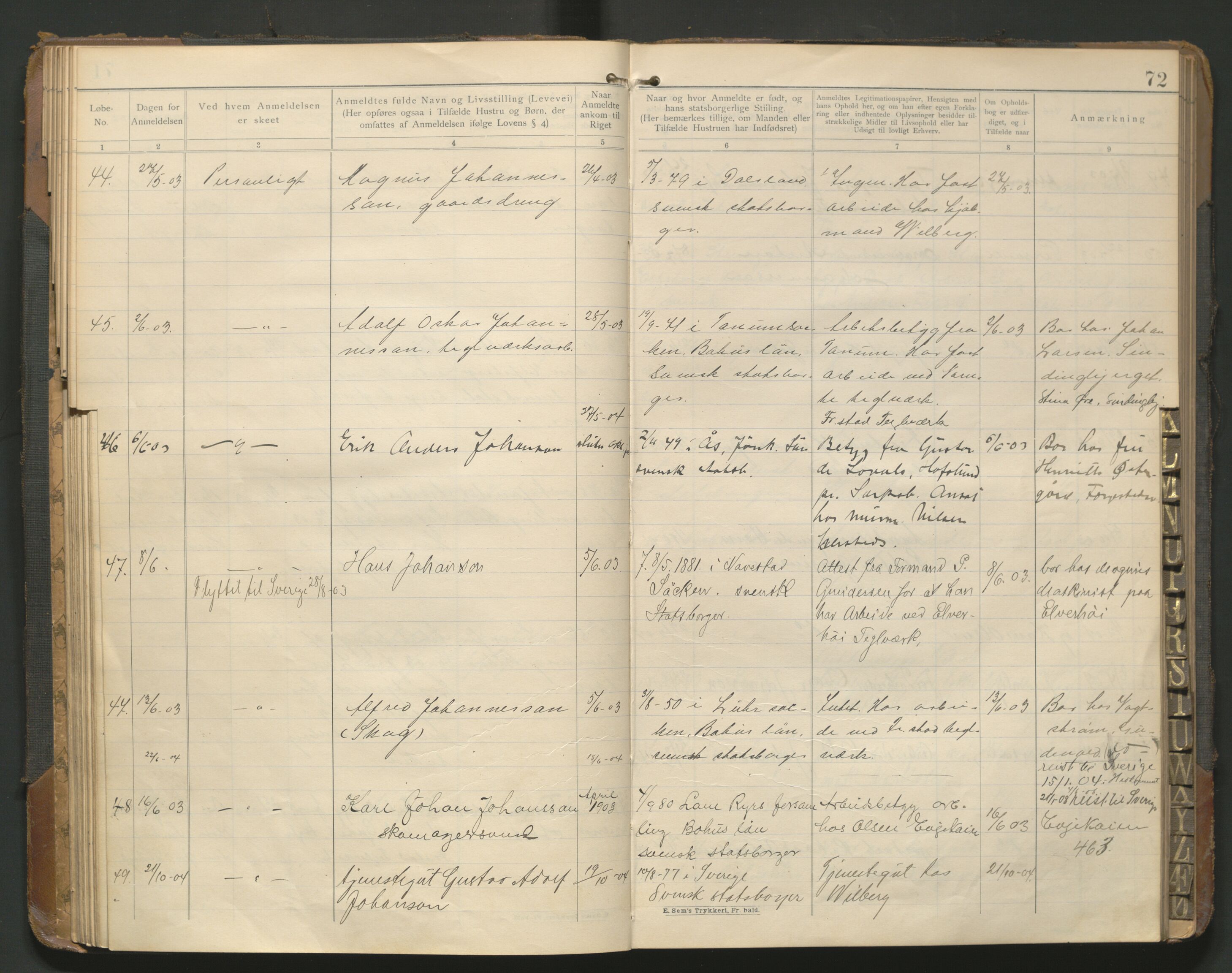 Fredrikstad politikammer, AV/SAO-A-10055/H/Hb/Hba/L0001: Protokoll over fremmede statsborgere, 1901-1916, p. 71b-72a