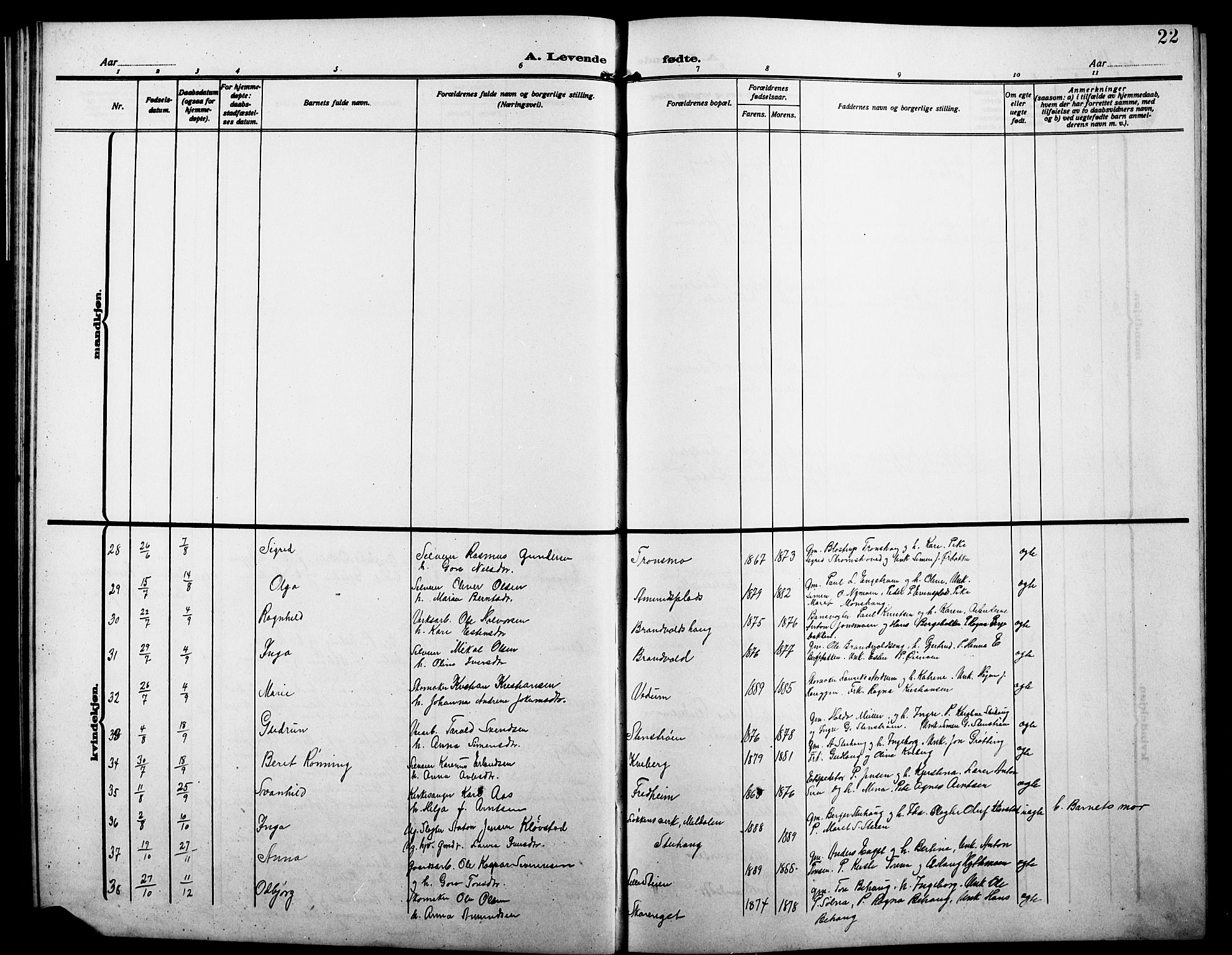 Alvdal prestekontor, AV/SAH-PREST-060/H/Ha/Hab/L0005: Parish register (copy) no. 5, 1908-1923, p. 22