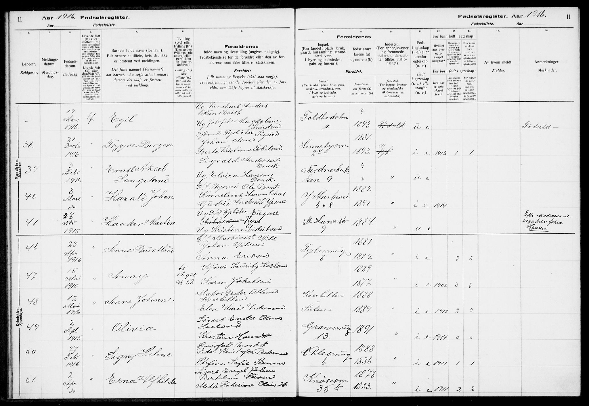 Nykirken Sokneprestembete, AV/SAB-A-77101/I/Id/L00A1: Birth register no. A 1, 1916-1922, p. 11