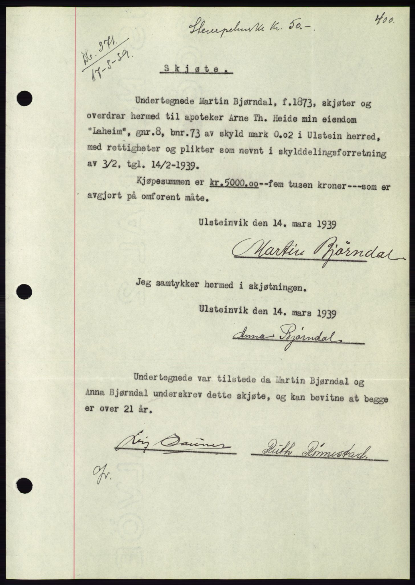 Søre Sunnmøre sorenskriveri, AV/SAT-A-4122/1/2/2C/L0067: Mortgage book no. 61, 1938-1939, Diary no: : 371/1939