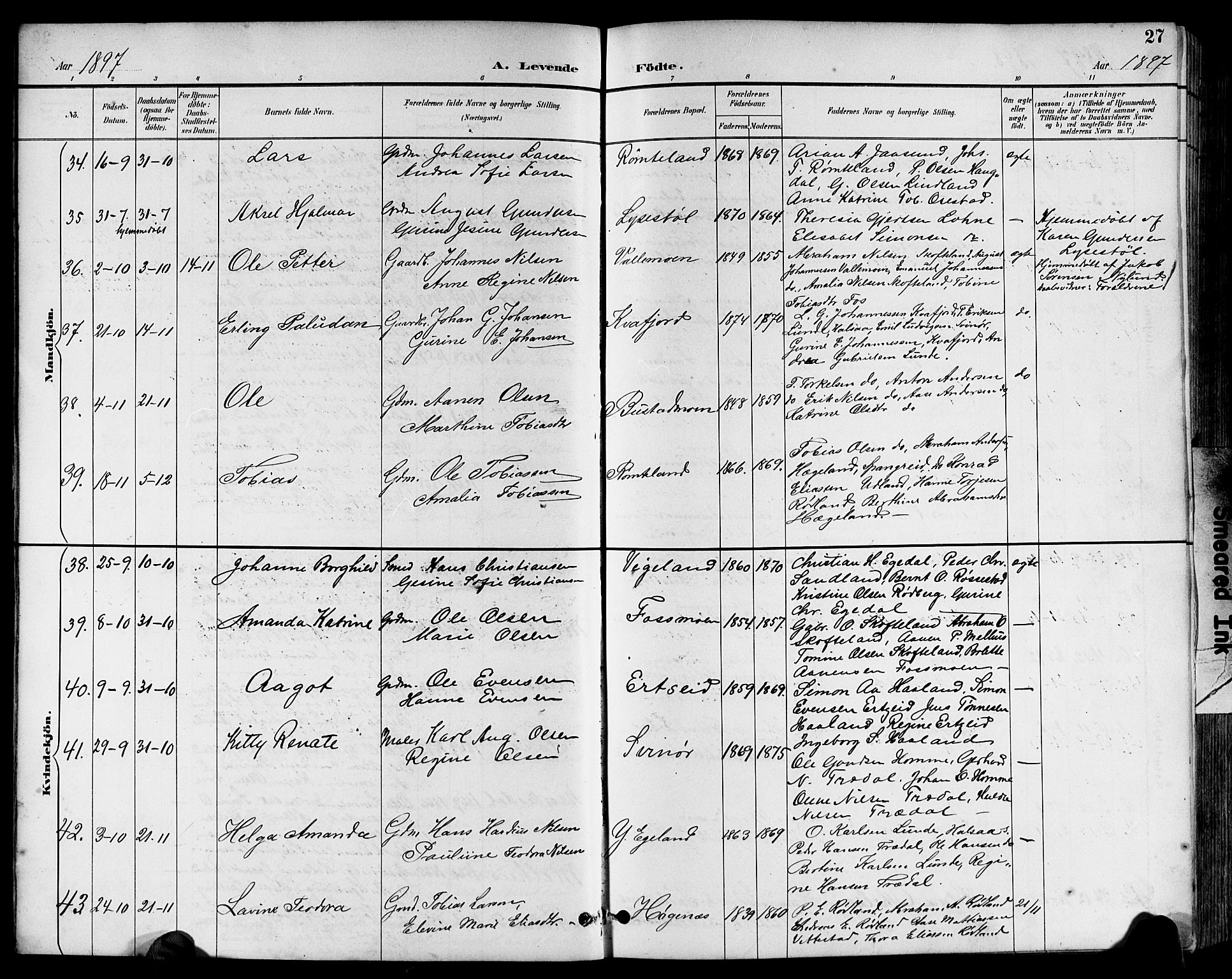 Sør-Audnedal sokneprestkontor, AV/SAK-1111-0039/F/Fb/Fbb/L0006: Parish register (copy) no. B 6, 1893-1915, p. 27