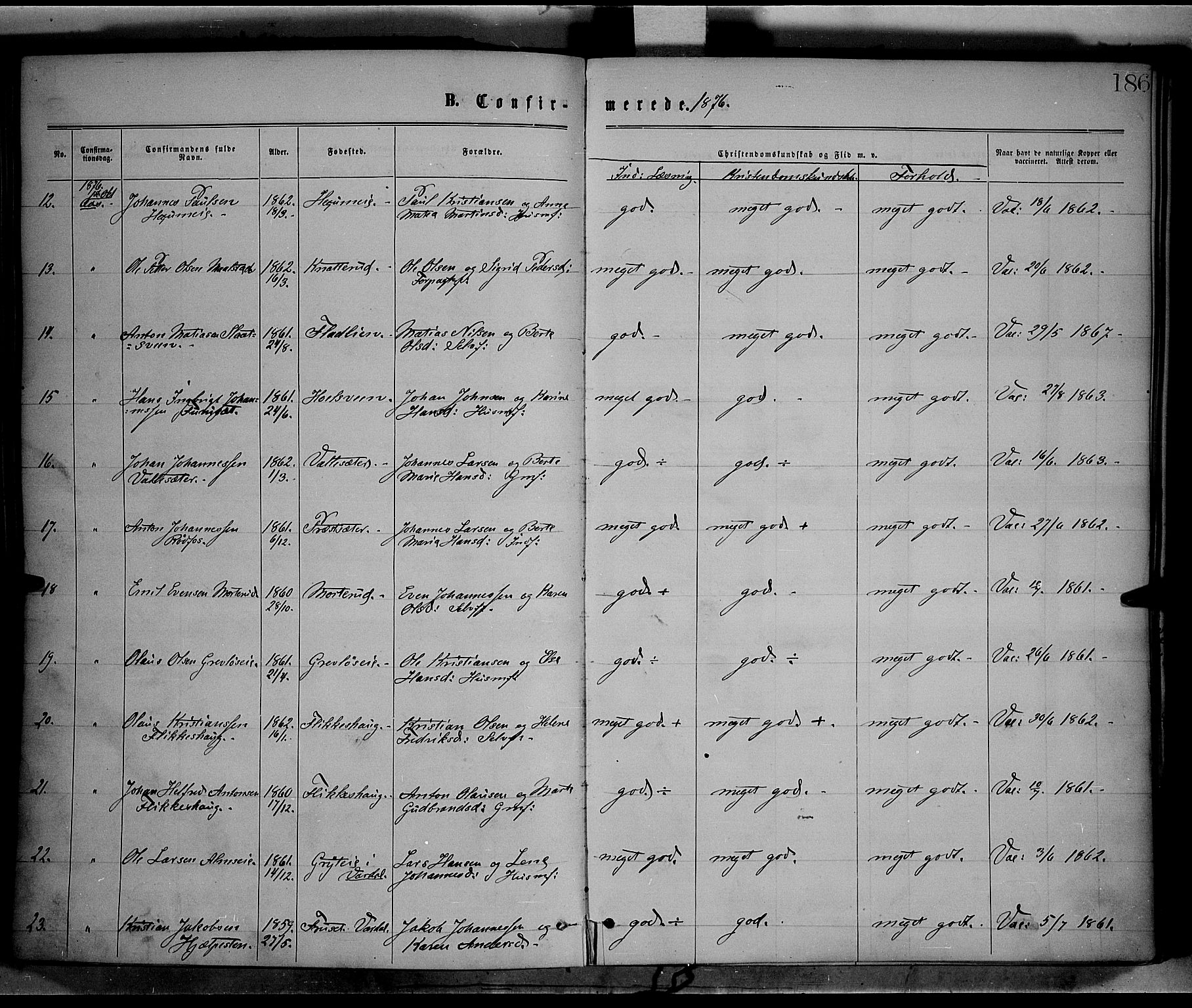 Vestre Toten prestekontor, AV/SAH-PREST-108/H/Ha/Haa/L0008: Parish register (official) no. 8, 1870-1877, p. 186