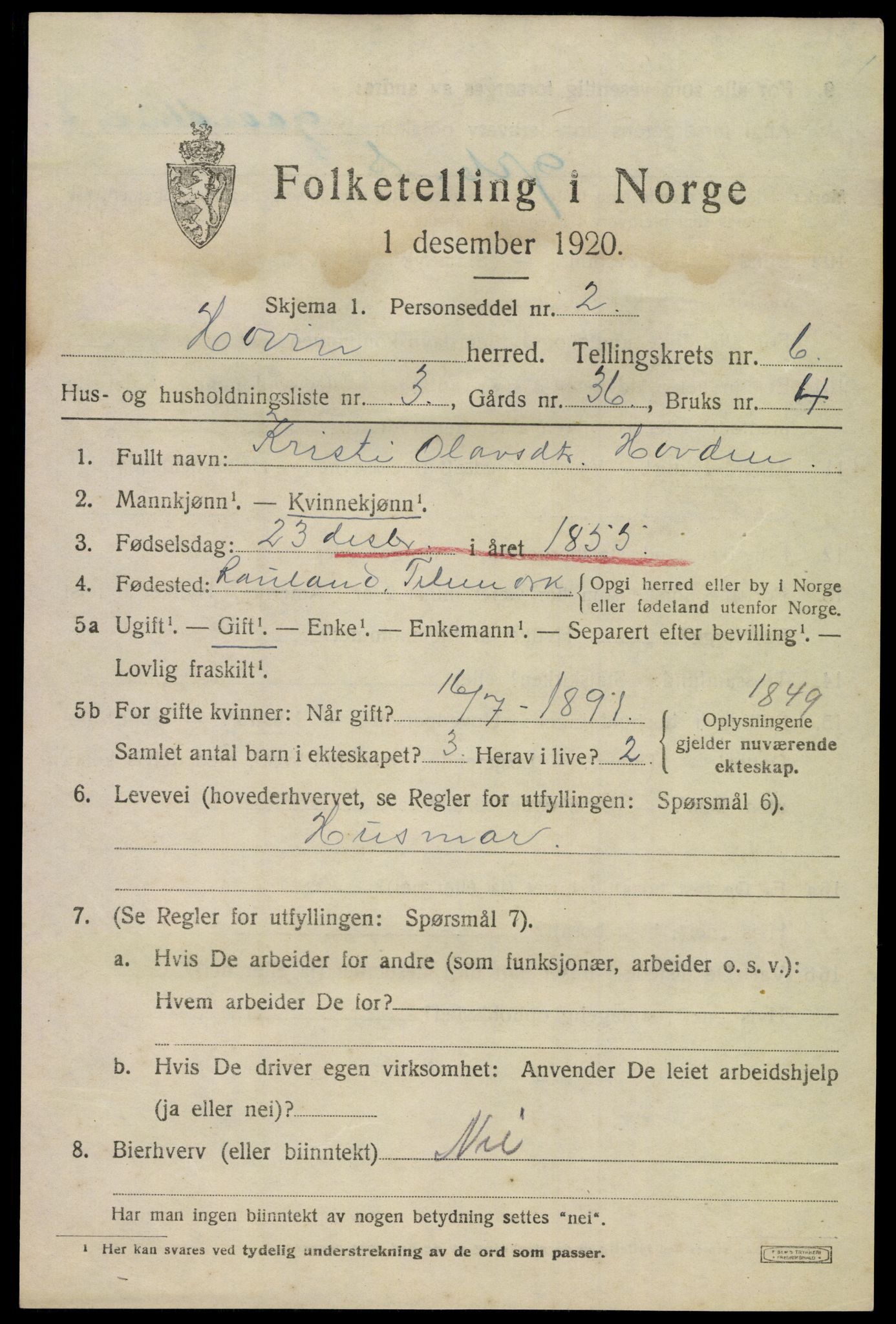 SAKO, 1920 census for Hovin, 1920, p. 1457