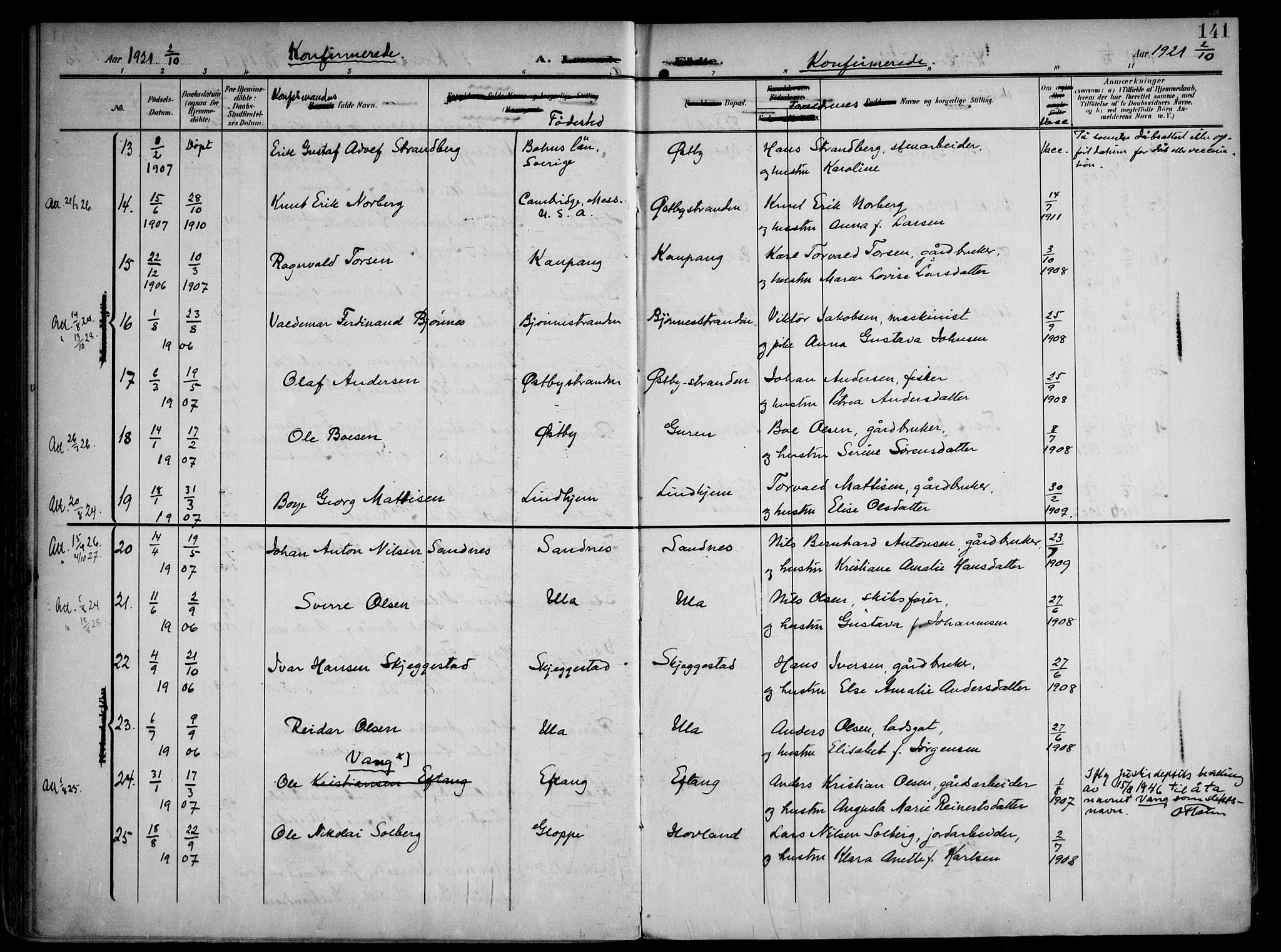 Tjølling kirkebøker, AV/SAKO-A-60/F/Fa/L0010: Parish register (official) no. 10, 1906-1923, p. 141