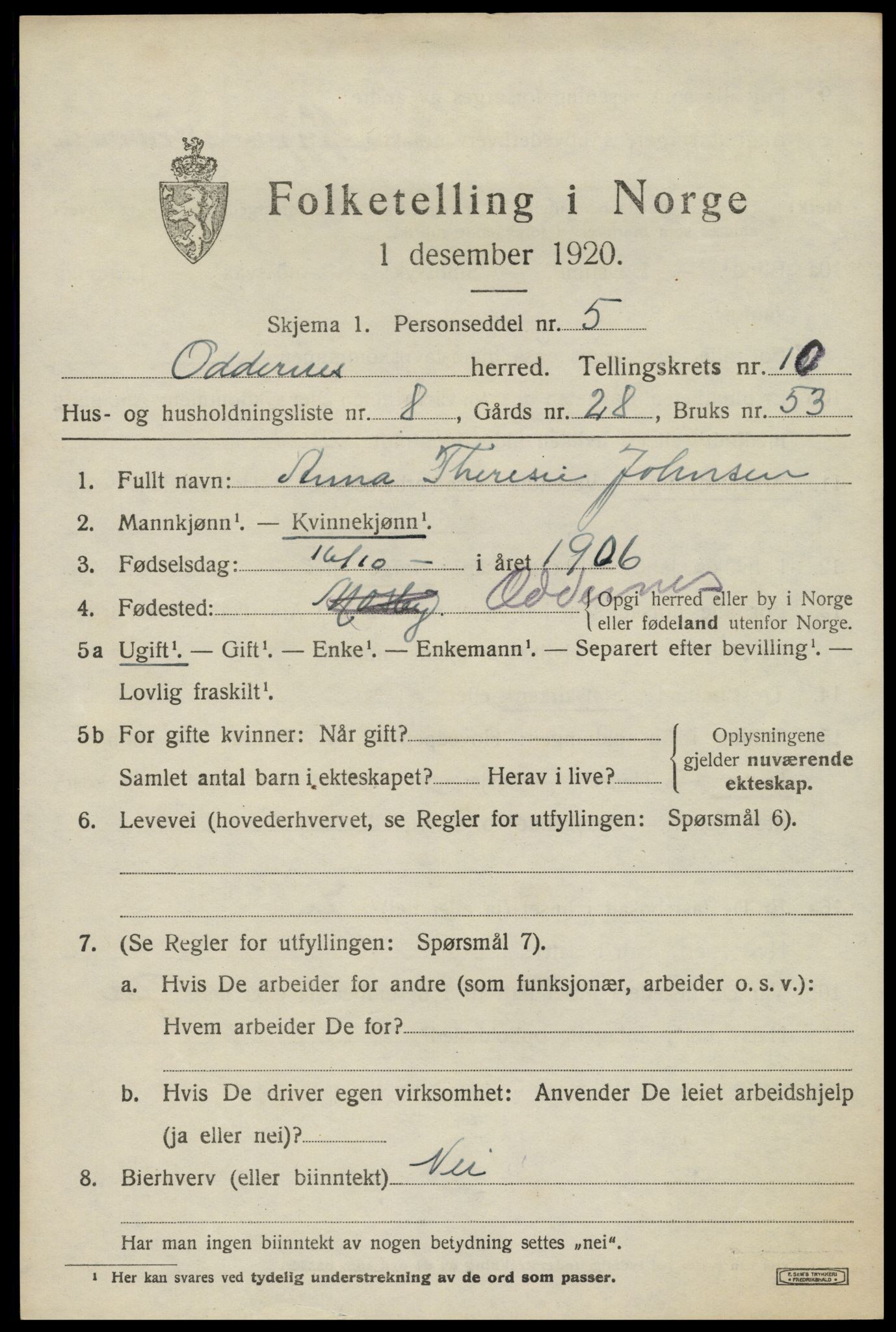 SAK, 1920 census for Oddernes, 1920, p. 6453