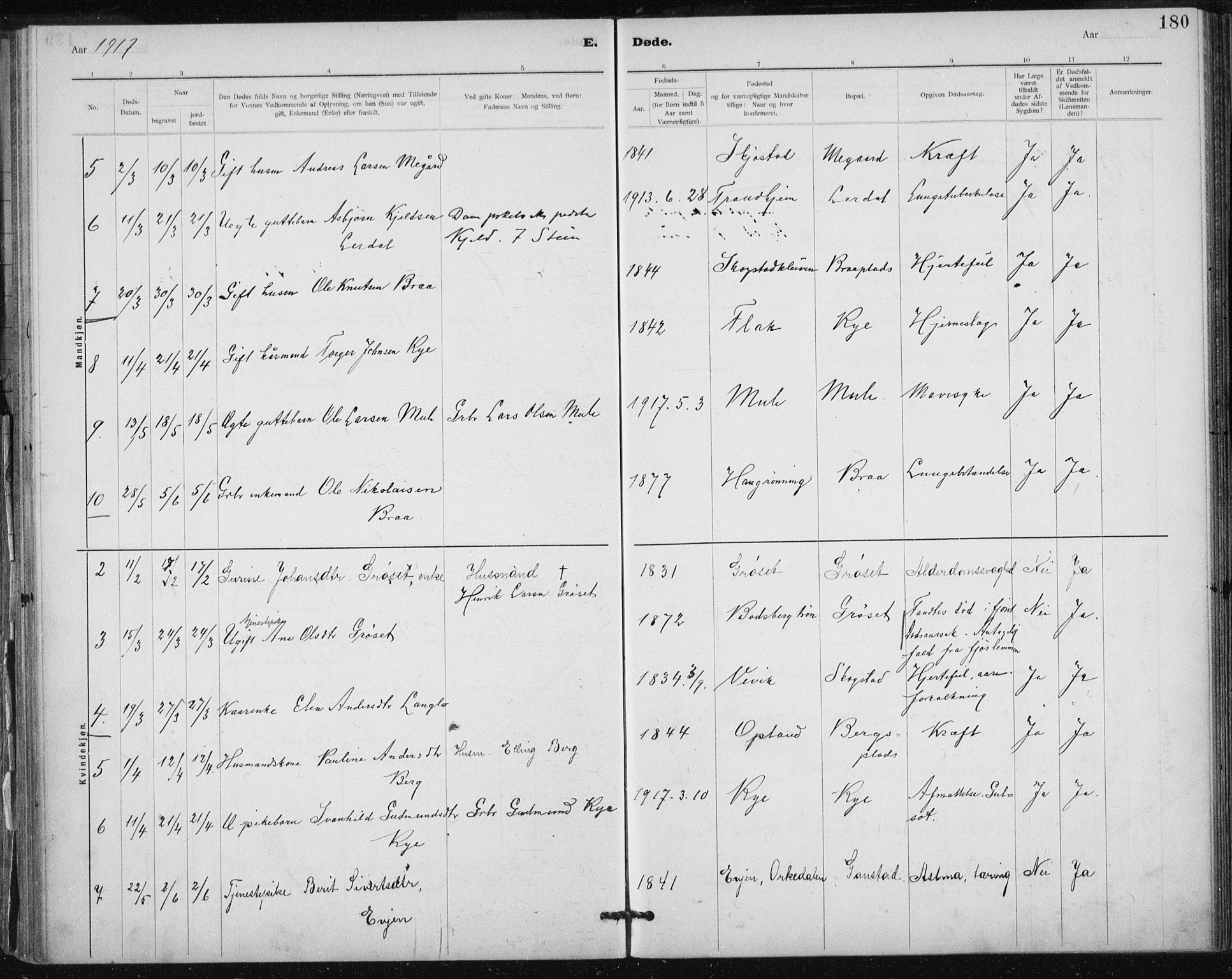 Ministerialprotokoller, klokkerbøker og fødselsregistre - Sør-Trøndelag, AV/SAT-A-1456/612/L0381: Parish register (official) no. 612A13, 1907-1923, p. 180