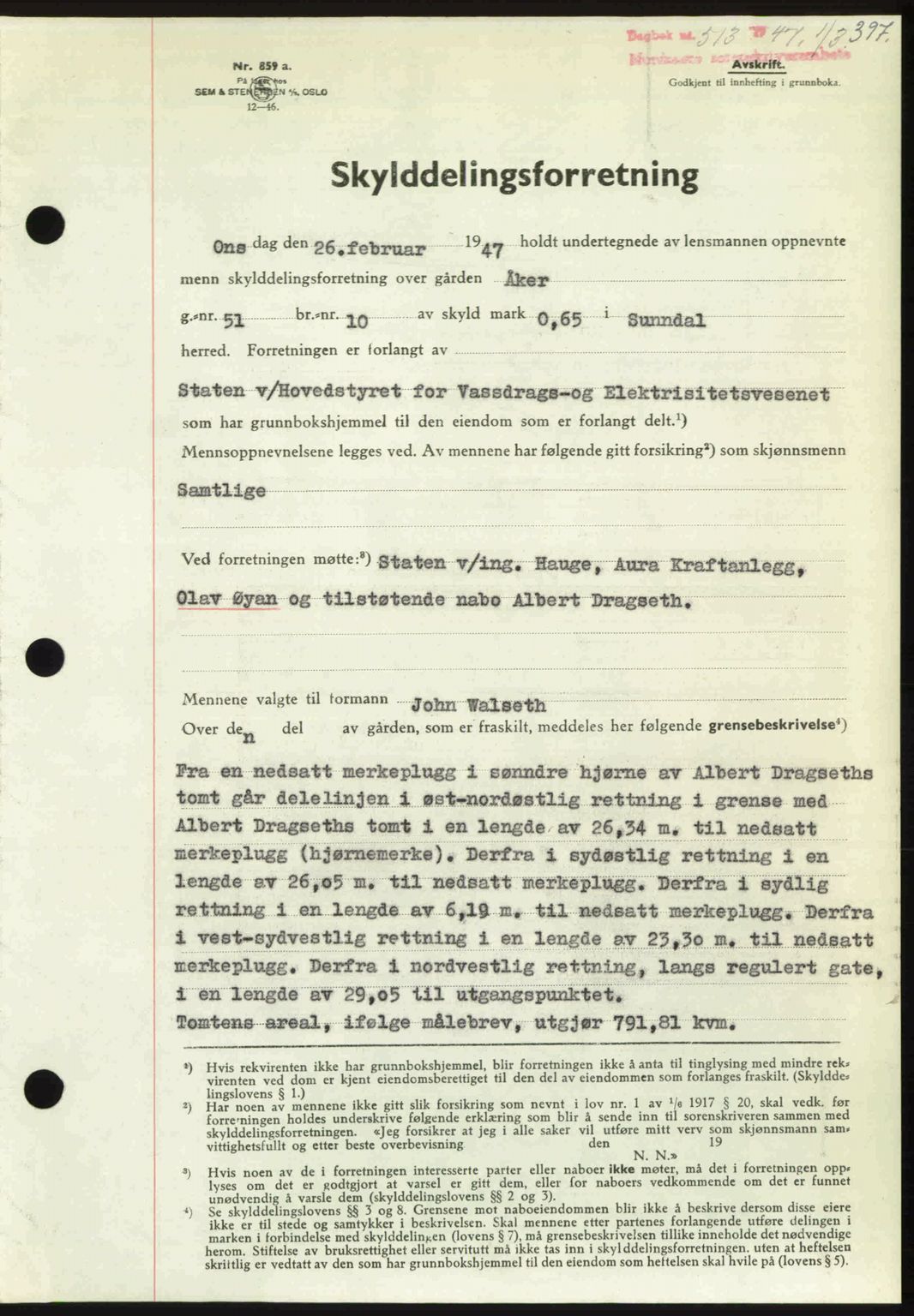 Nordmøre sorenskriveri, AV/SAT-A-4132/1/2/2Ca: Mortgage book no. A104, 1947-1947, Diary no: : 513/1947