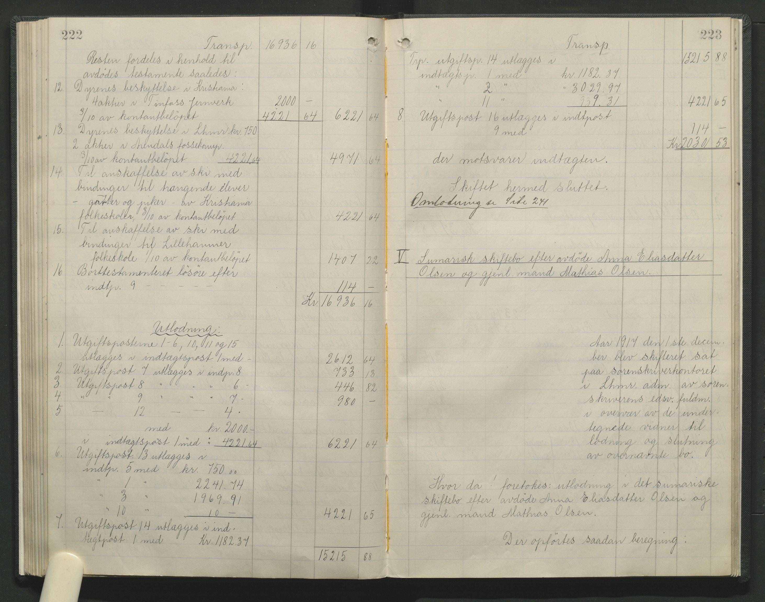 Sør-Gudbrandsdal tingrett, SAH/TING-004/J/Ja/Jag/L0001: Skifteutlodningsprotokoll - Lillehammer by, 1903-1923, p. 222-223