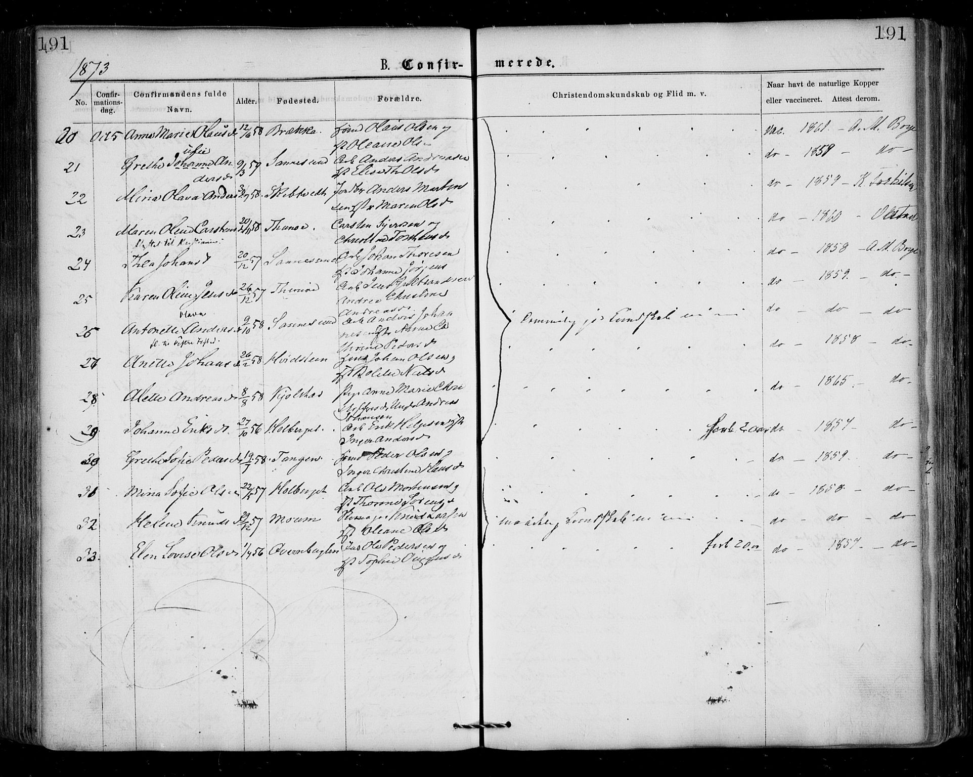 Borge prestekontor Kirkebøker, AV/SAO-A-10903/F/Fa/L0006: Parish register (official) no. I 6, 1861-1874, p. 191