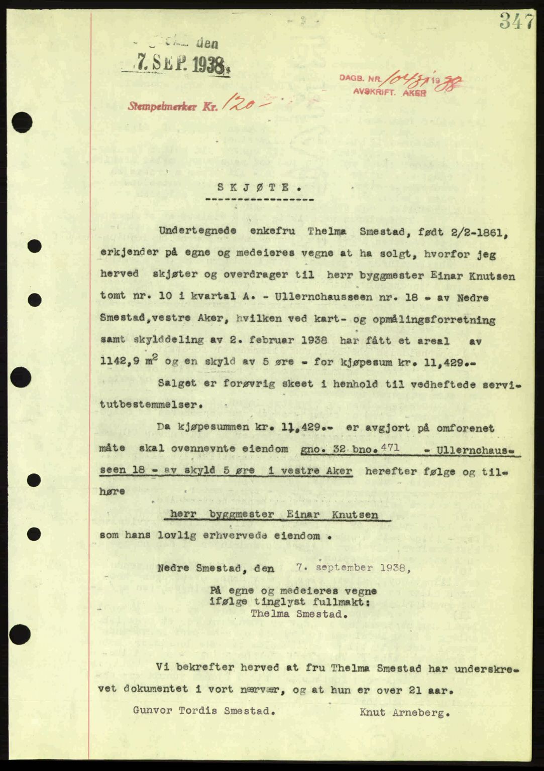 Aker herredsskriveri, SAO/A-10896/G/Gb/Gba/Gbab/L0025: Mortgage book no. A154-155, 1938-1938, Diary no: : 10431/1938