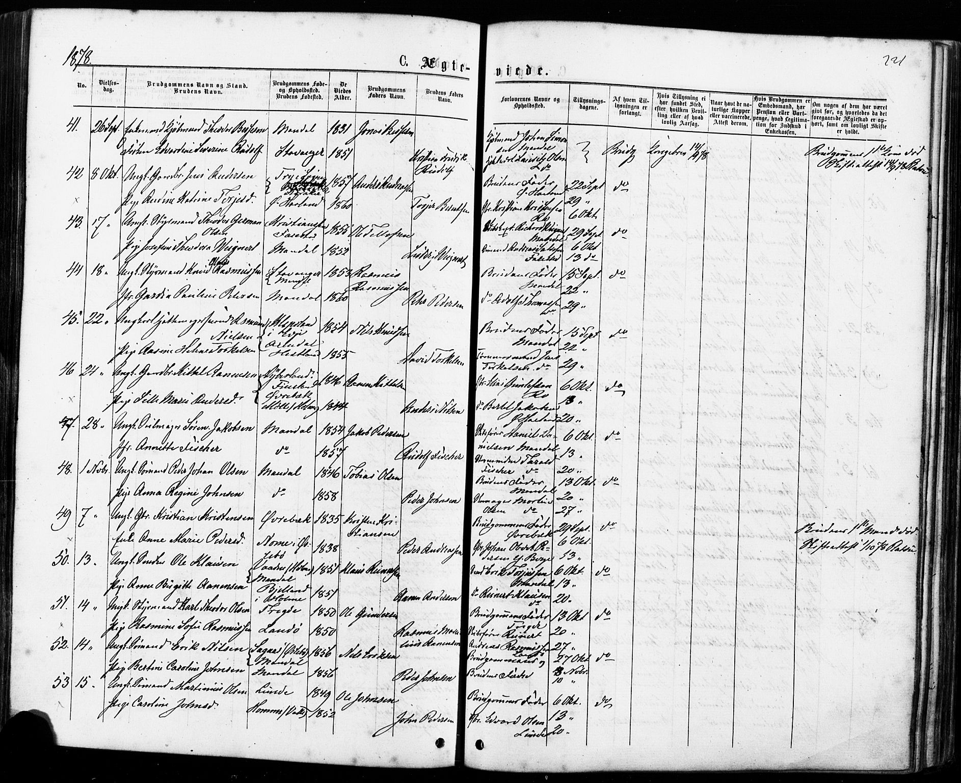 Mandal sokneprestkontor, AV/SAK-1111-0030/F/Fa/Faa/L0015: Parish register (official) no. A 15, 1873-1879, p. 221