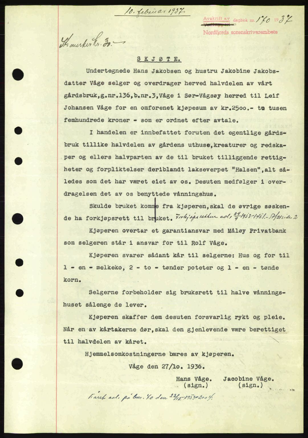 Nordfjord sorenskriveri, SAB/A-2801/02/02b/02bj/L0001: Mortgage book no. A1, 1936-1937, Diary no: : 170/1937