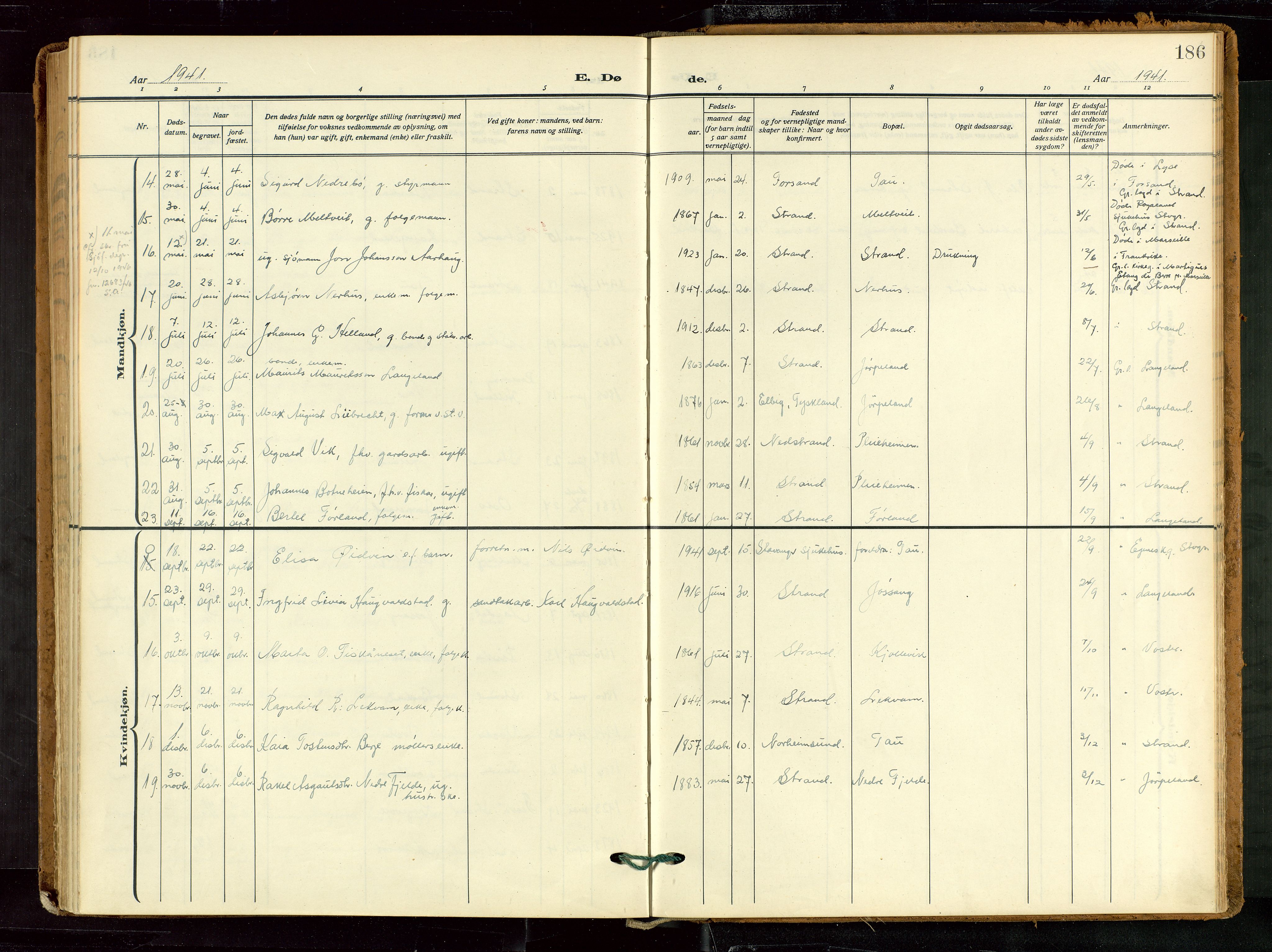 Strand sokneprestkontor, AV/SAST-A-101828/H/Ha/Haa/L0012: Parish register (official) no. A 12, 1927-1946, p. 186