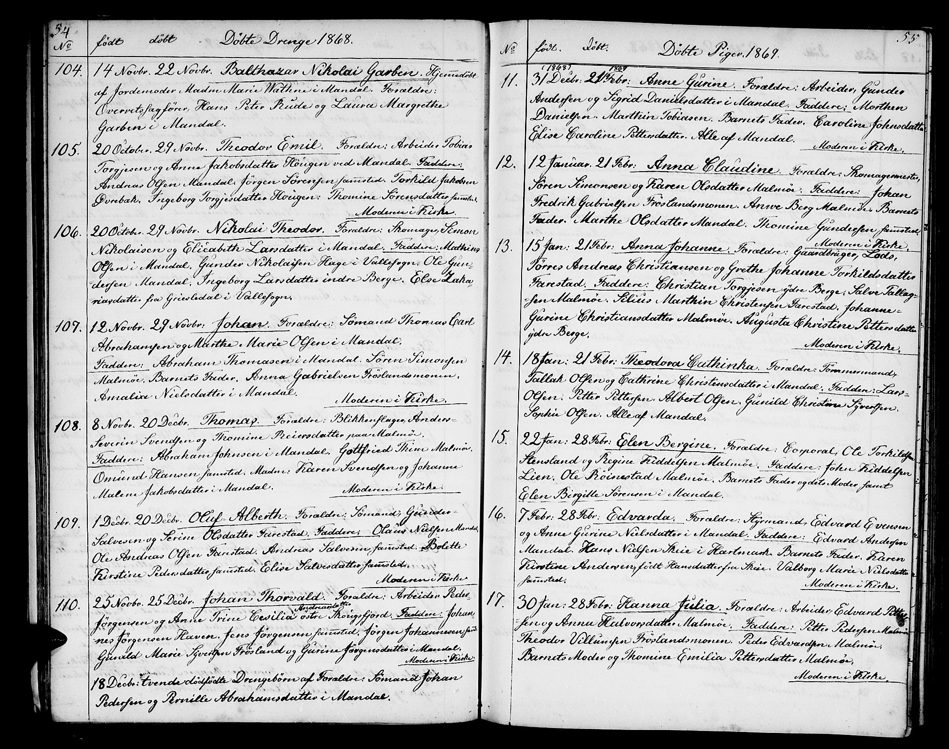 Mandal sokneprestkontor, SAK/1111-0030/F/Fb/Fba/L0009: Parish register (copy) no. B 3, 1867-1877, p. 54-55