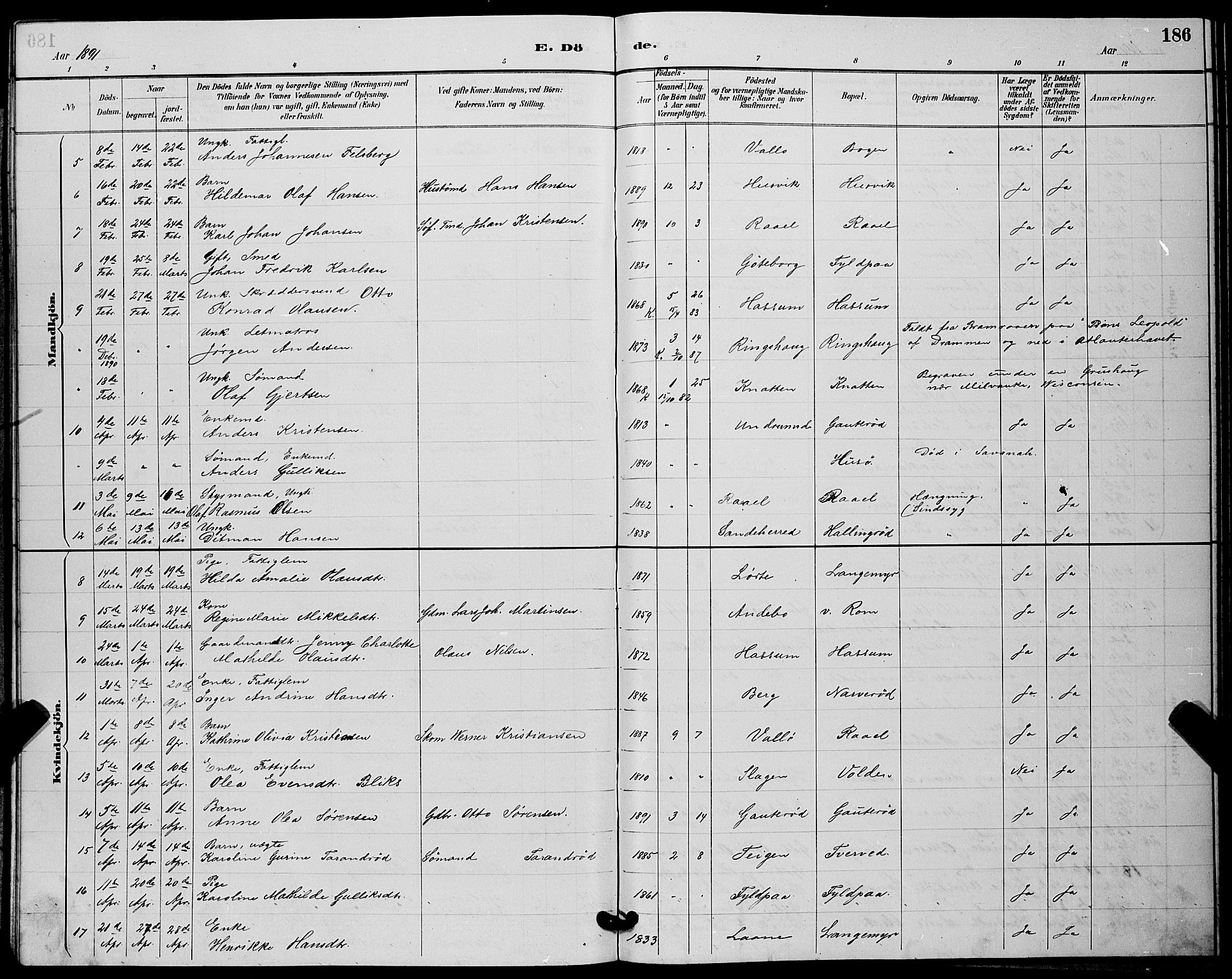 Sem kirkebøker, SAKO/A-5/G/Gb/L0002: Parish register (copy) no. II 2, 1886-1899, p. 186