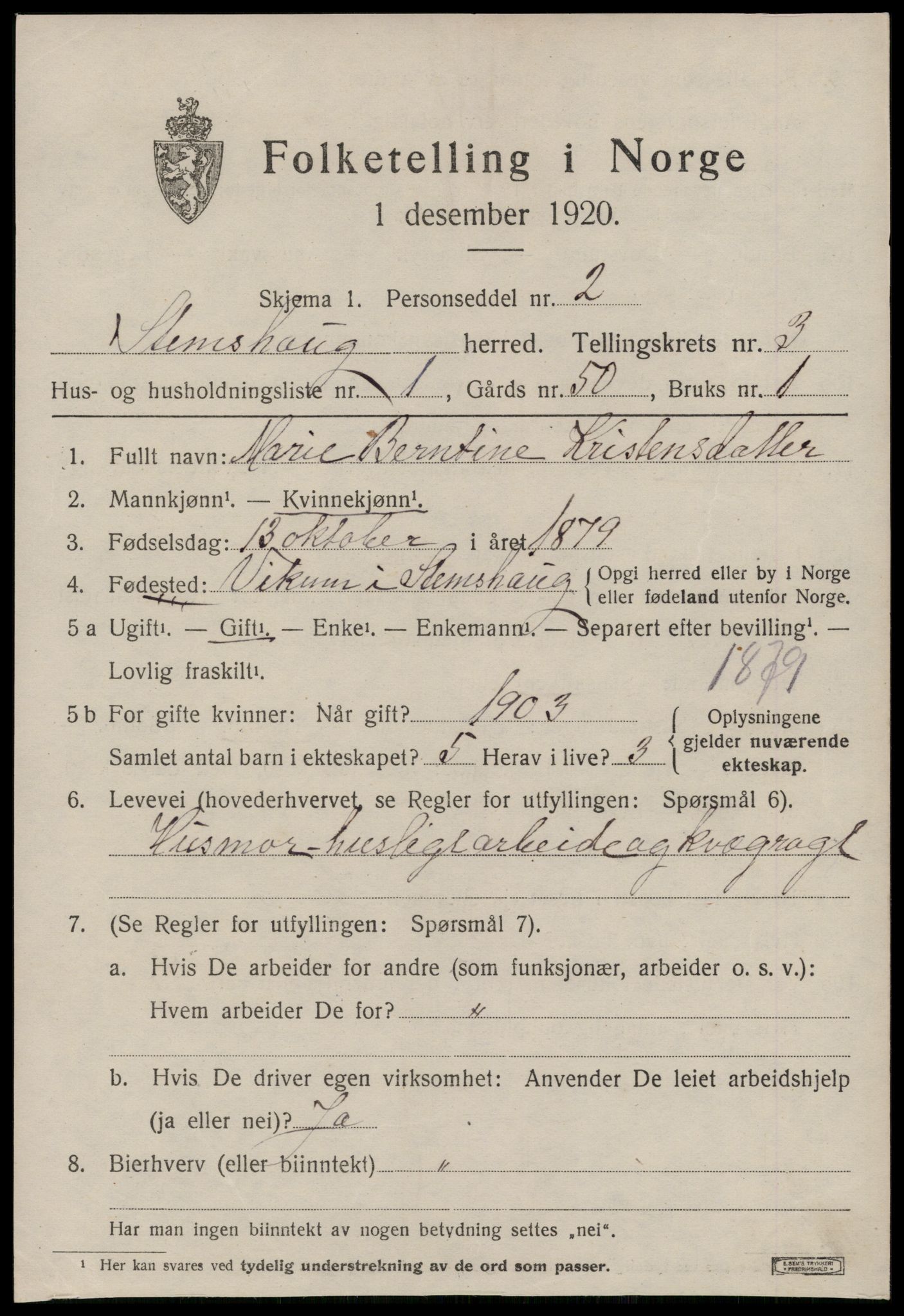 SAT, 1920 census for Stemshaug, 1920, p. 1050