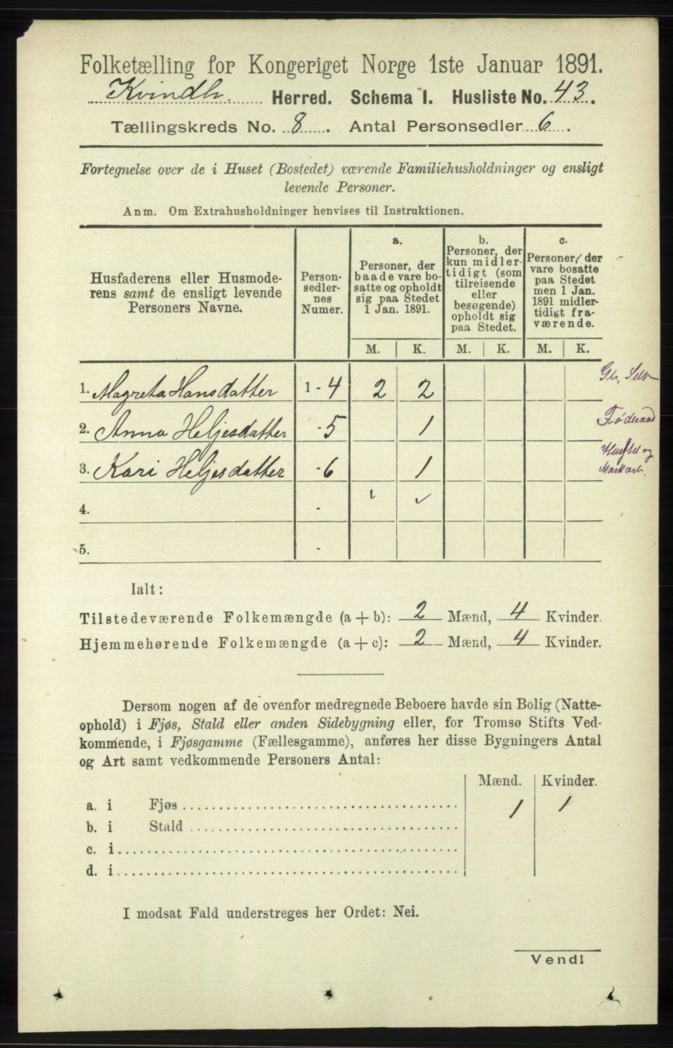 RA, 1891 census for 1224 Kvinnherad, 1891, p. 2964