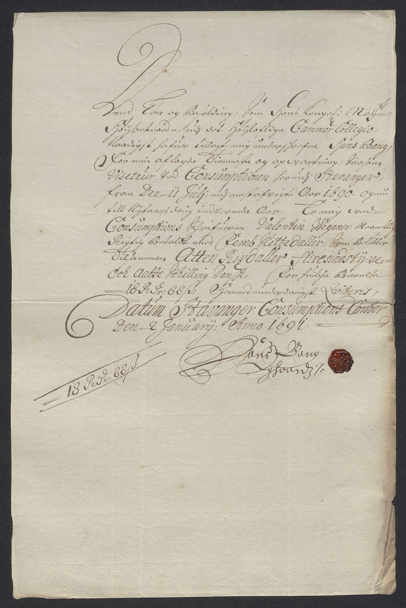 Rentekammeret inntil 1814, Reviderte regnskaper, Byregnskaper, AV/RA-EA-4066/R/Ro/L0333: [O25] Konsumpsjonsregnskap, 1690-1704, p. 24