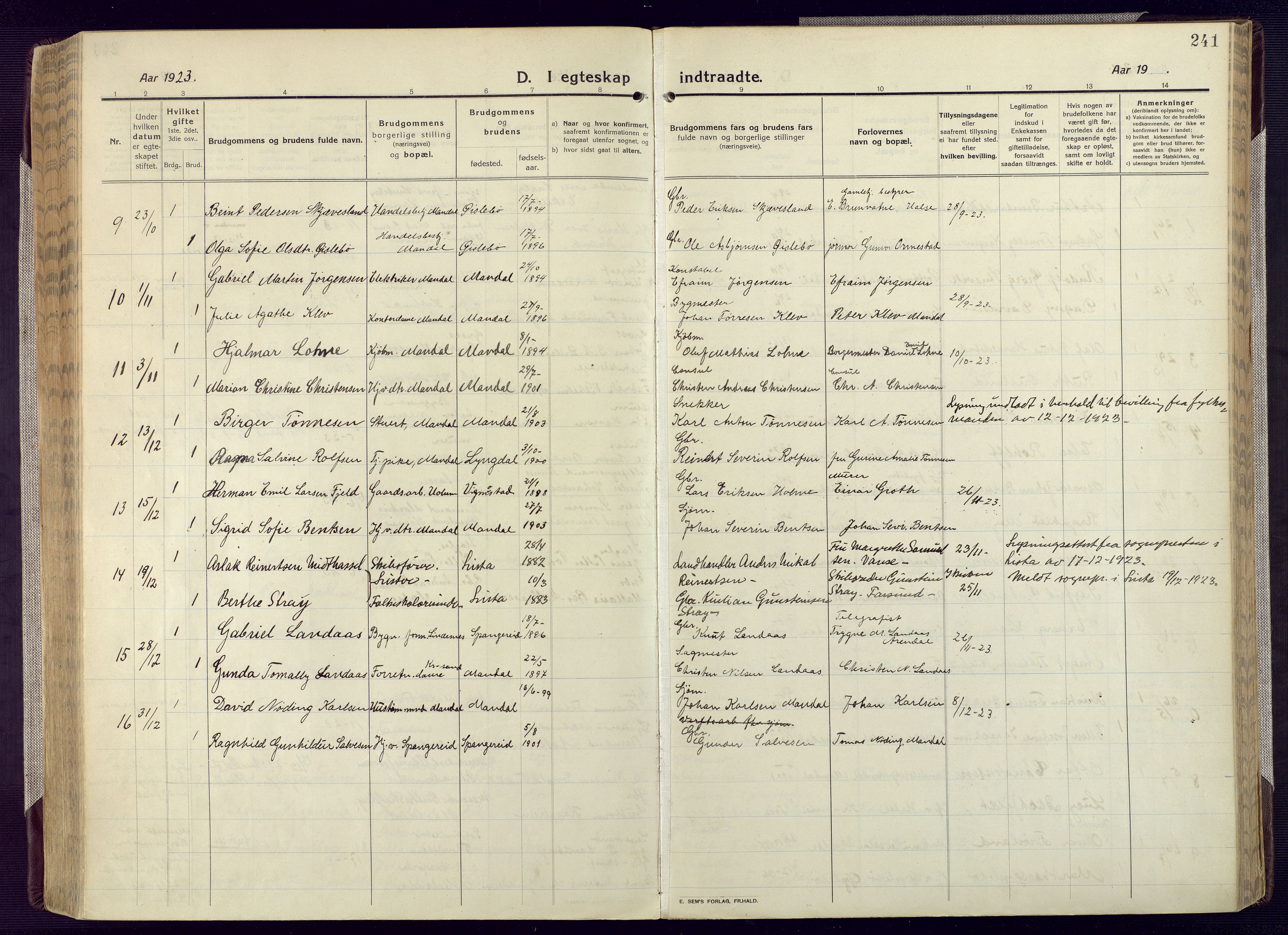 Mandal sokneprestkontor, AV/SAK-1111-0030/F/Fa/Fac/L0001: Parish register (official) no. A 1, 1913-1925, p. 241