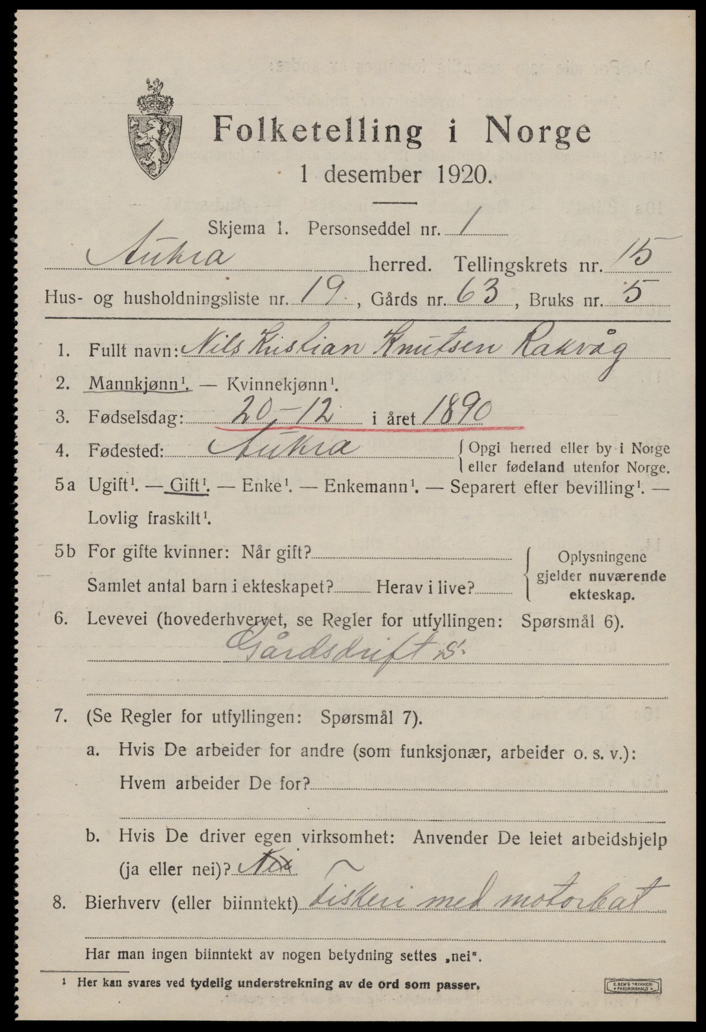 SAT, 1920 census for Aukra, 1920, p. 6923