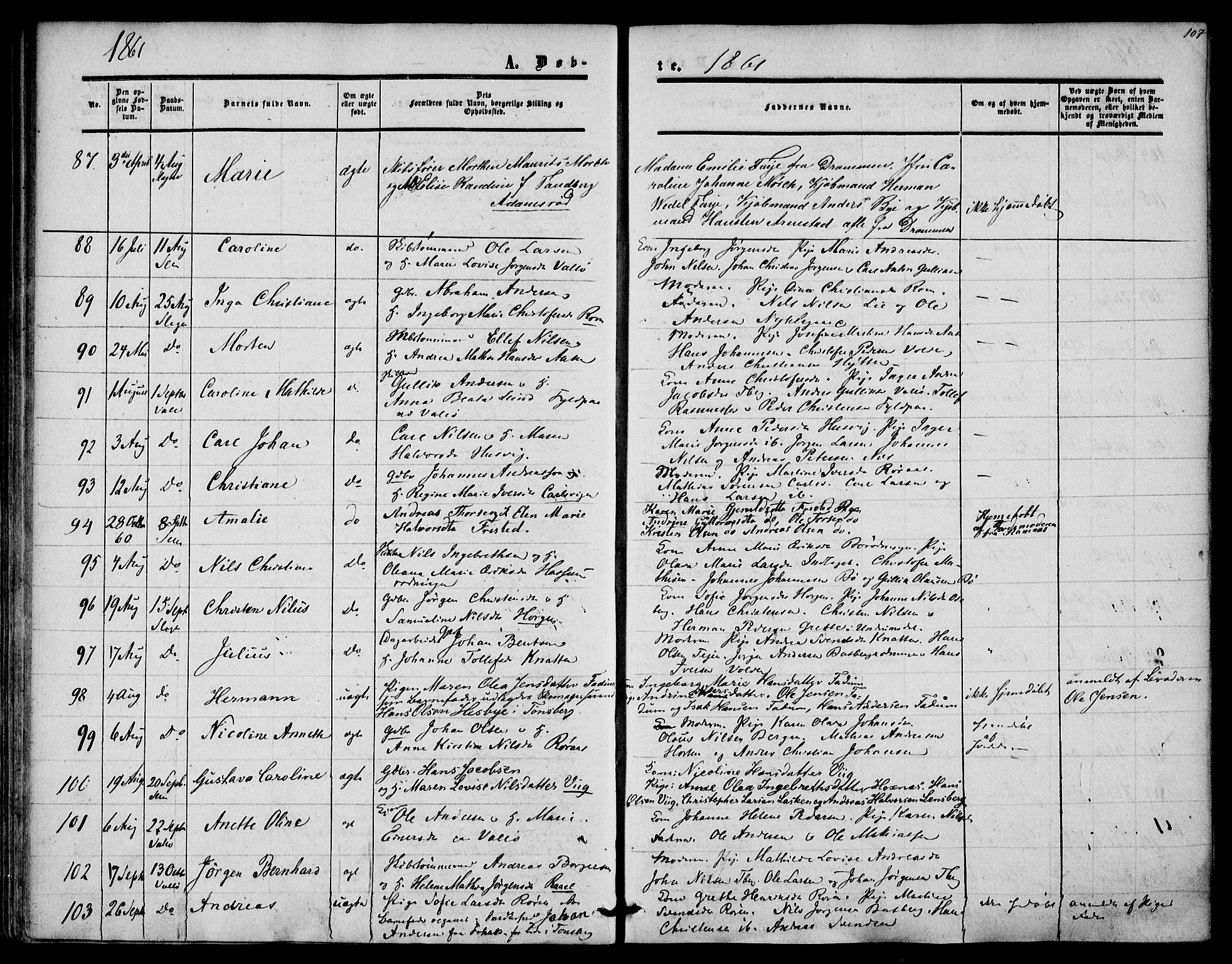 Sem kirkebøker, AV/SAKO-A-5/F/Fa/L0007: Parish register (official) no. I 7, 1856-1865, p. 107