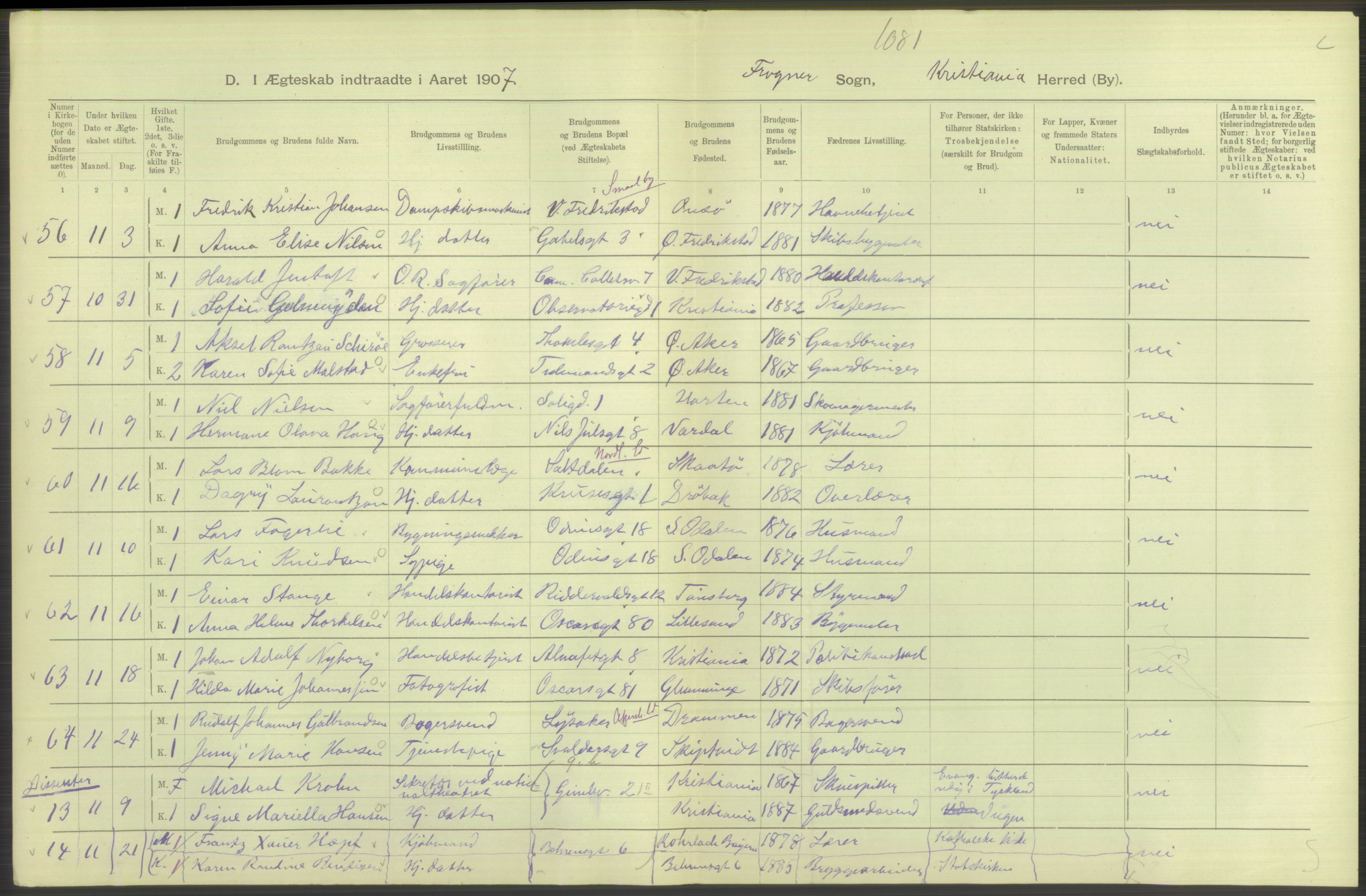 Statistisk sentralbyrå, Sosiodemografiske emner, Befolkning, AV/RA-S-2228/D/Df/Dfa/Dfae/L0008: Kristiania: Gifte, 1907, p. 568