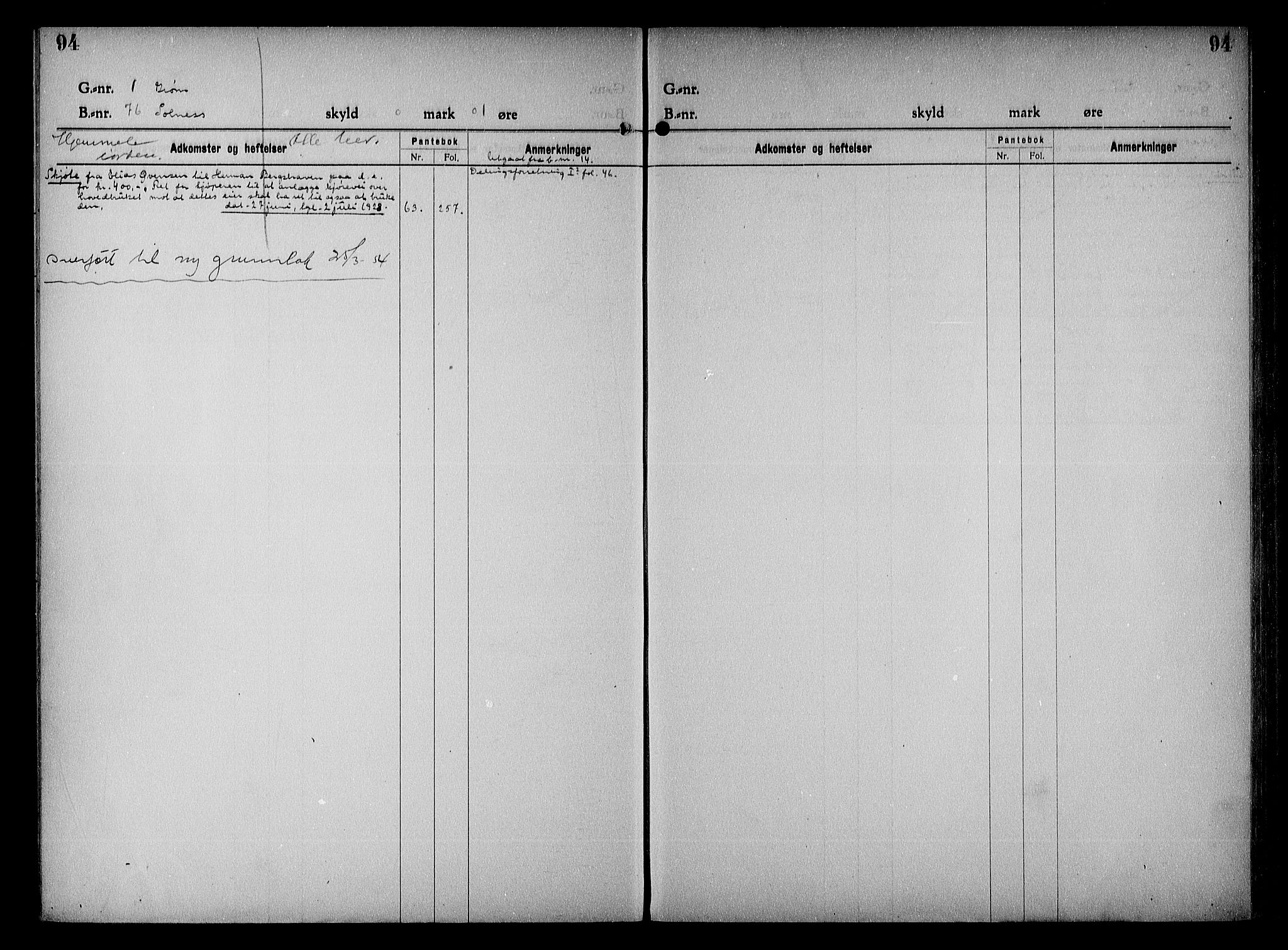 Vestre Nedenes/Sand sorenskriveri, SAK/1221-0010/G/Ga/L0023: Mortgage register no. 16, 1923-1957, p. 94