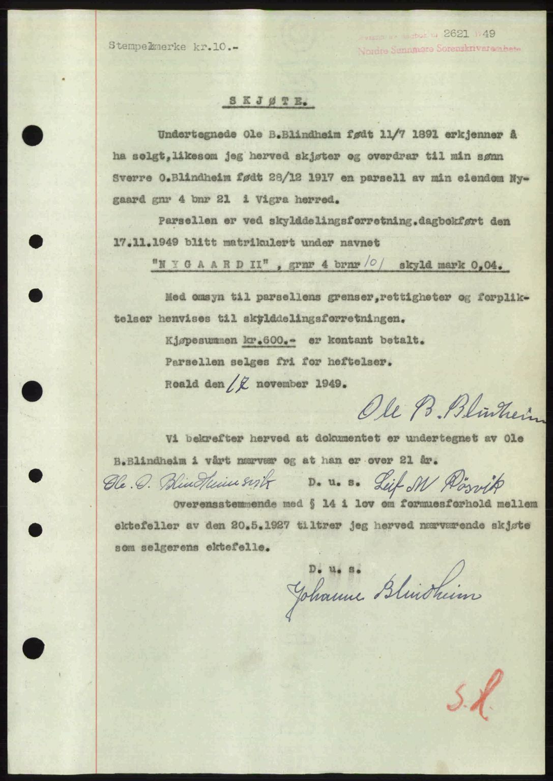 Nordre Sunnmøre sorenskriveri, AV/SAT-A-0006/1/2/2C/2Ca: Mortgage book no. A32, 1949-1949, Diary no: : 2621/1949