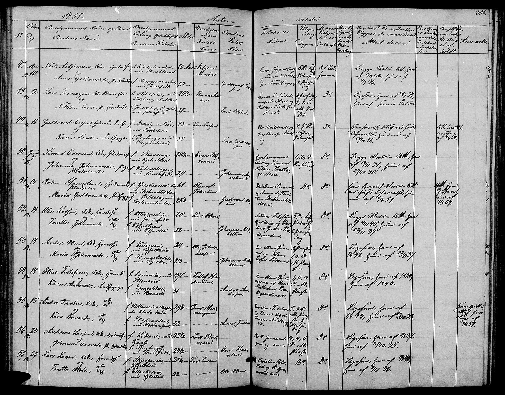 Ringsaker prestekontor, SAH/PREST-014/L/La/L0006: Parish register (copy) no. 6, 1851-1860, p. 356