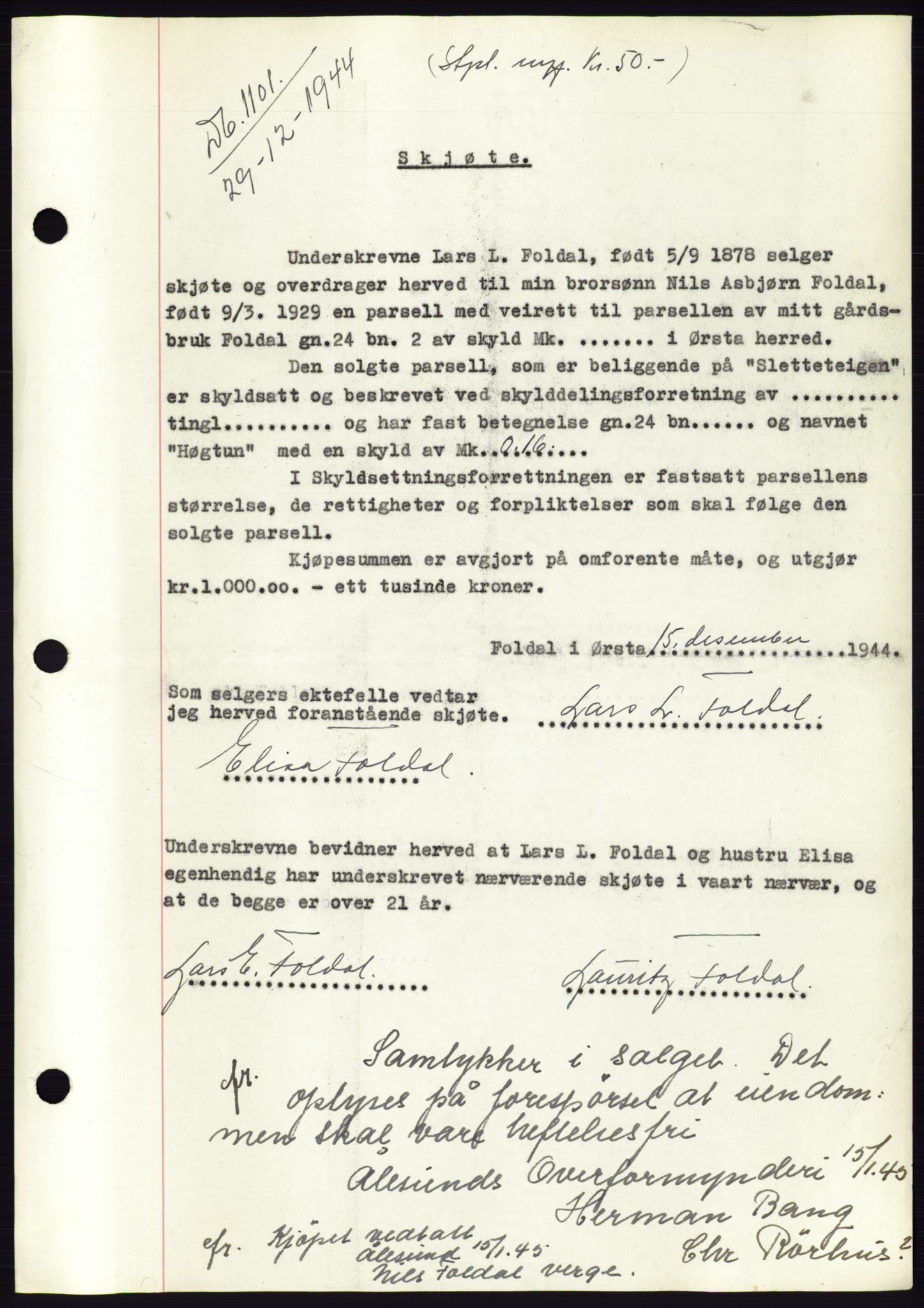 Søre Sunnmøre sorenskriveri, AV/SAT-A-4122/1/2/2C/L0076: Mortgage book no. 2A, 1943-1944, Diary no: : 1101/1944