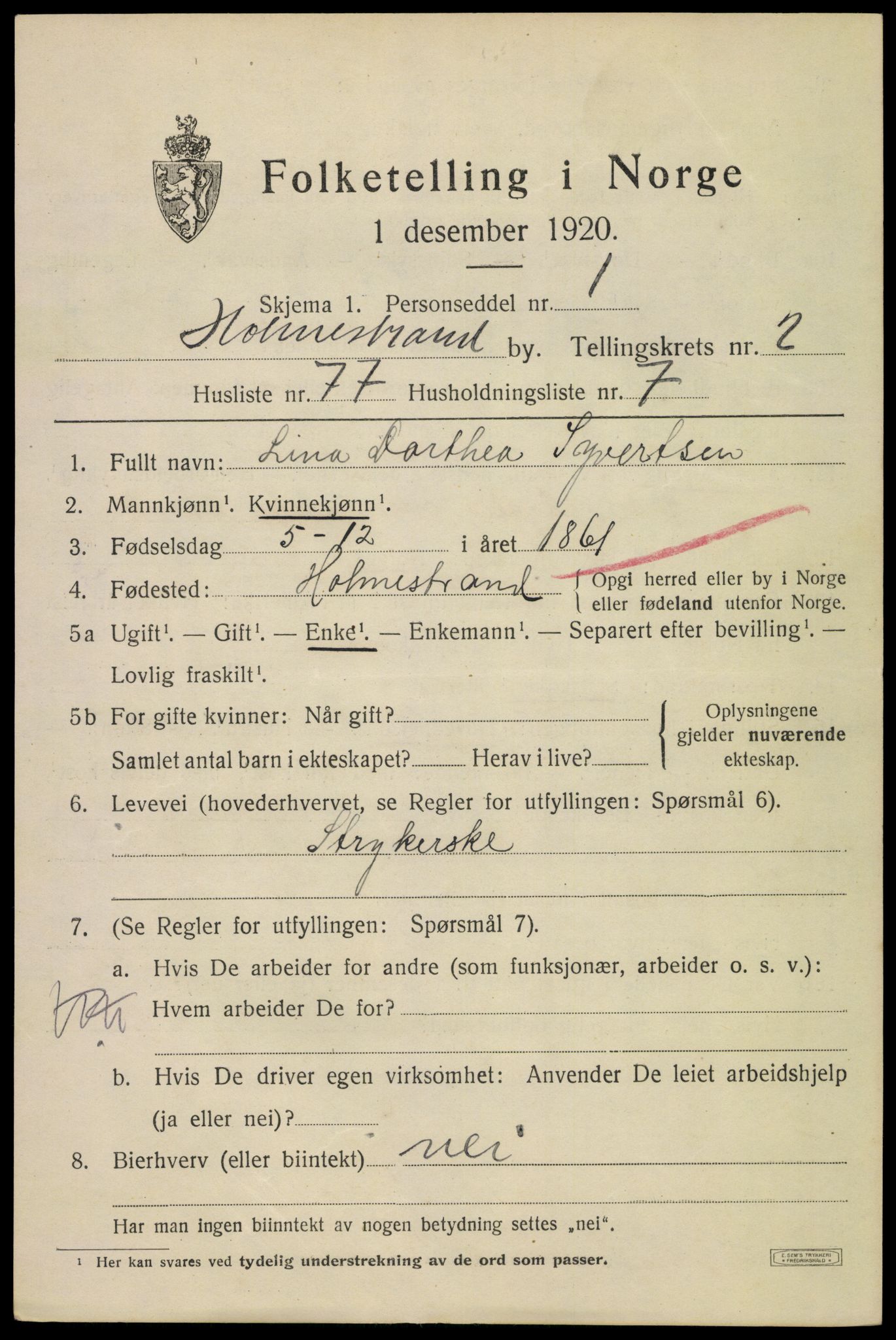 SAKO, 1920 census for Holmestrand, 1920, p. 3228